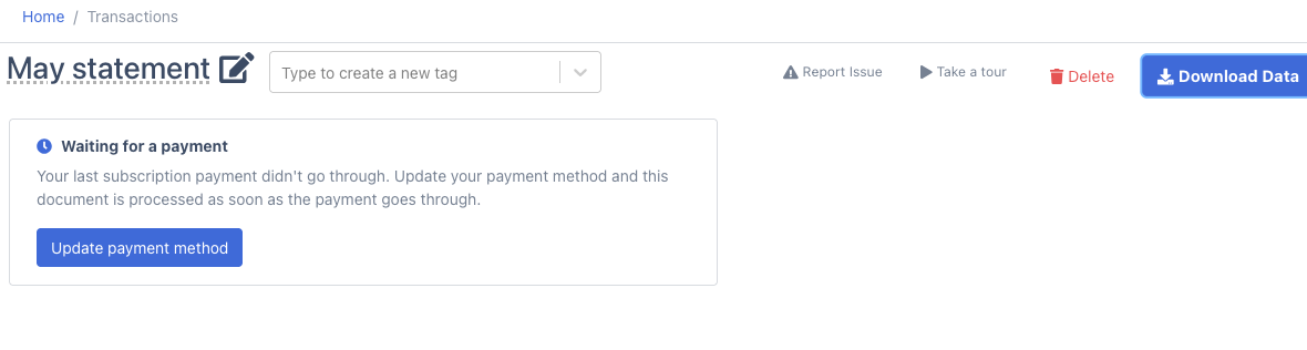 A statement in a project waiting for a payment, with an Update payment method button