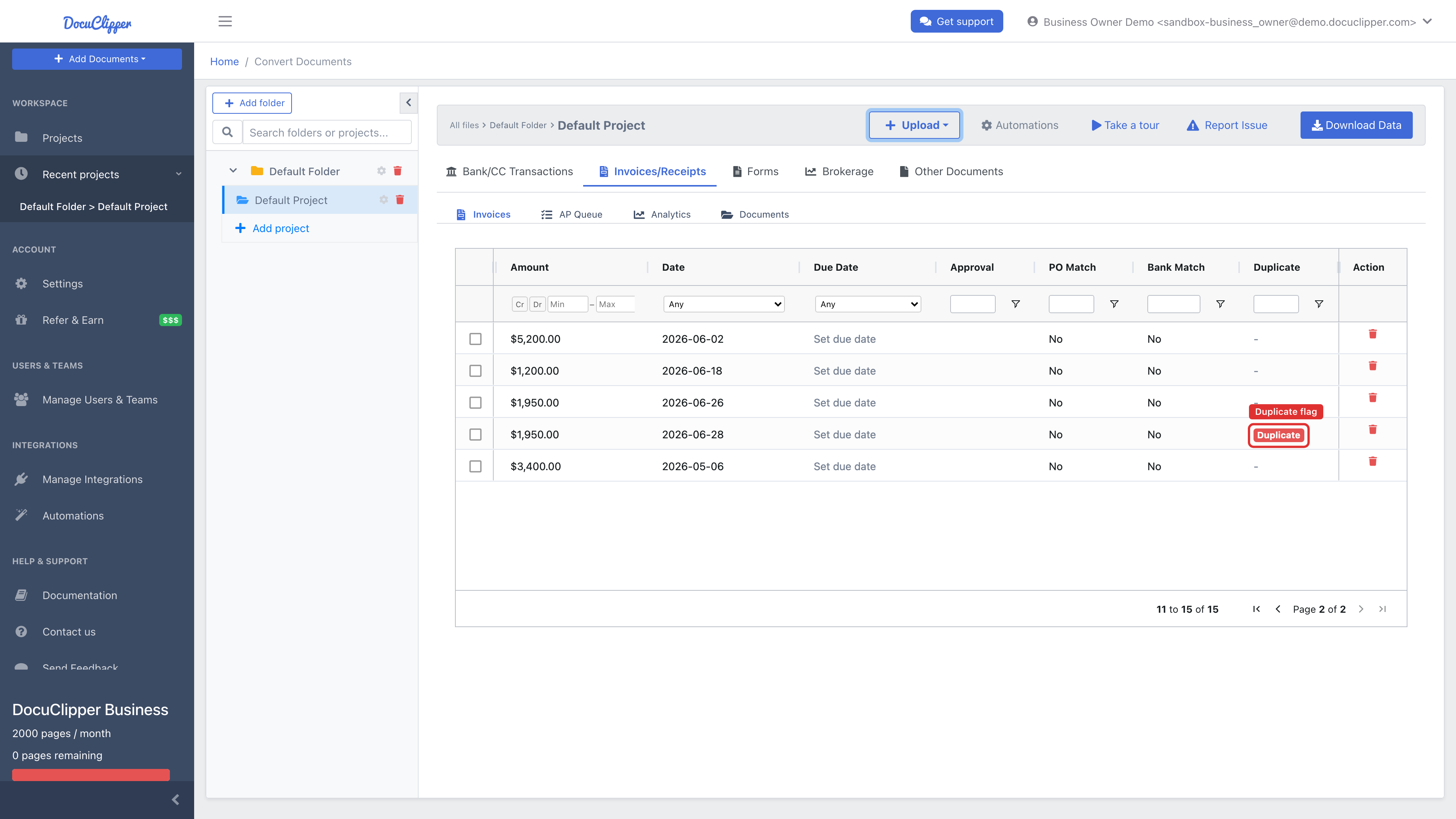 Invoices list with a red "Duplicate" badge in the Duplicate column