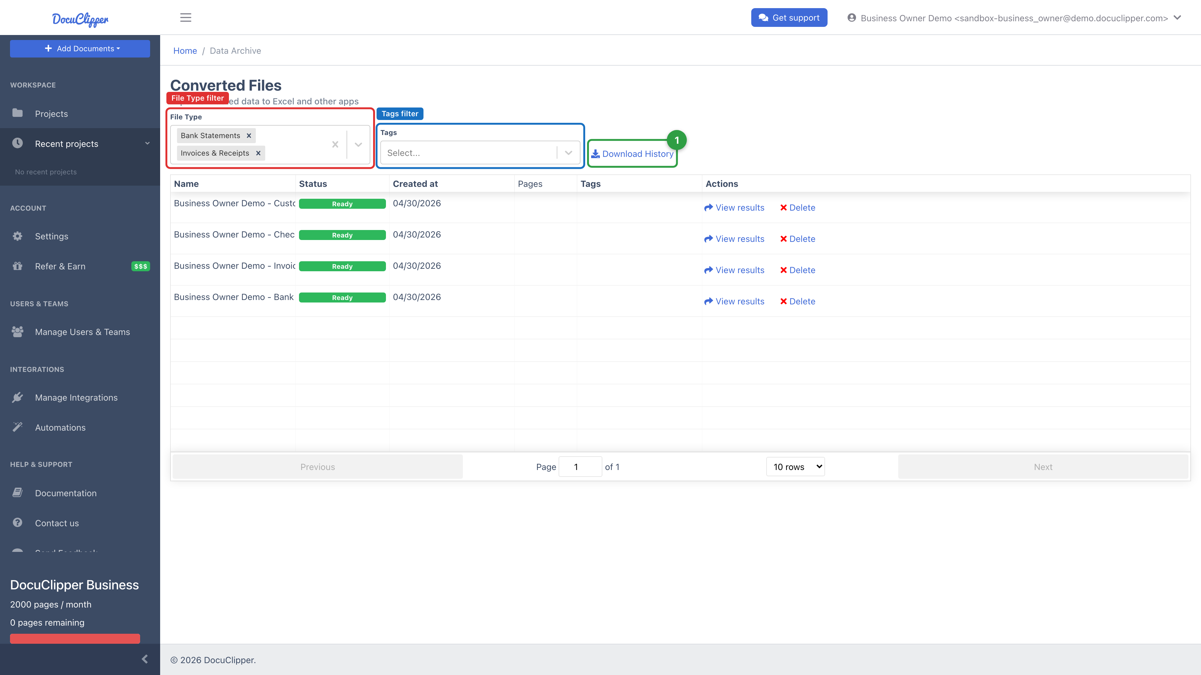 Converted Files list showing the File Type and Tags filters with the Download History button