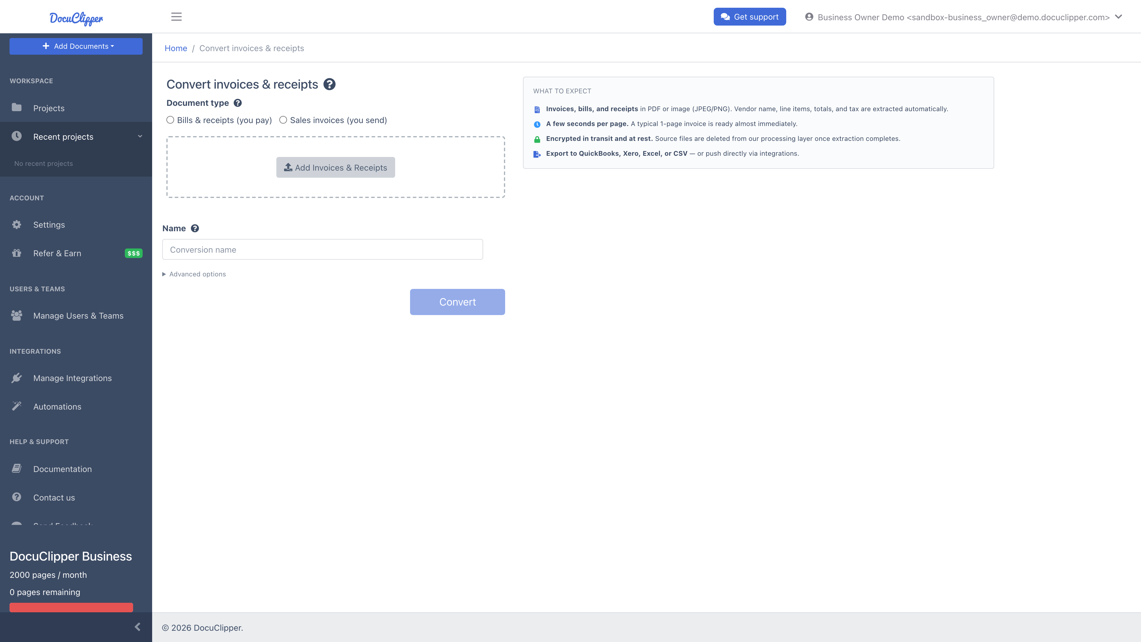 Convert invoices & receipts upload page with the Document Type options, upload area, and Convert button
