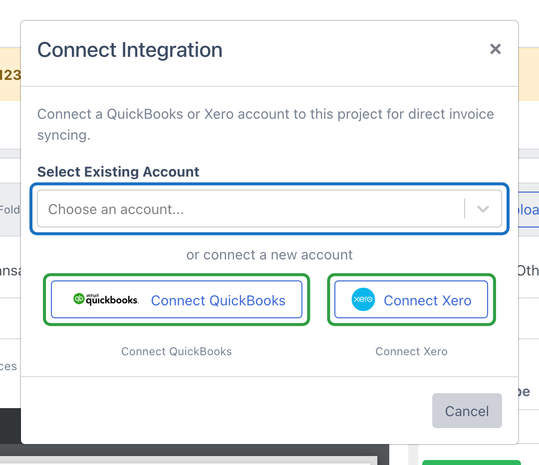 Connect Integration modal open from the Export & Sync sidebar, with the account picker and Connect QuickBooks and Connect Xero options