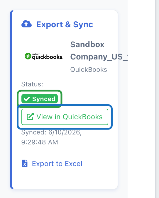 Export & Sync panel showing a green Synced badge with a View in QuickBooks link and the Synced timestamp