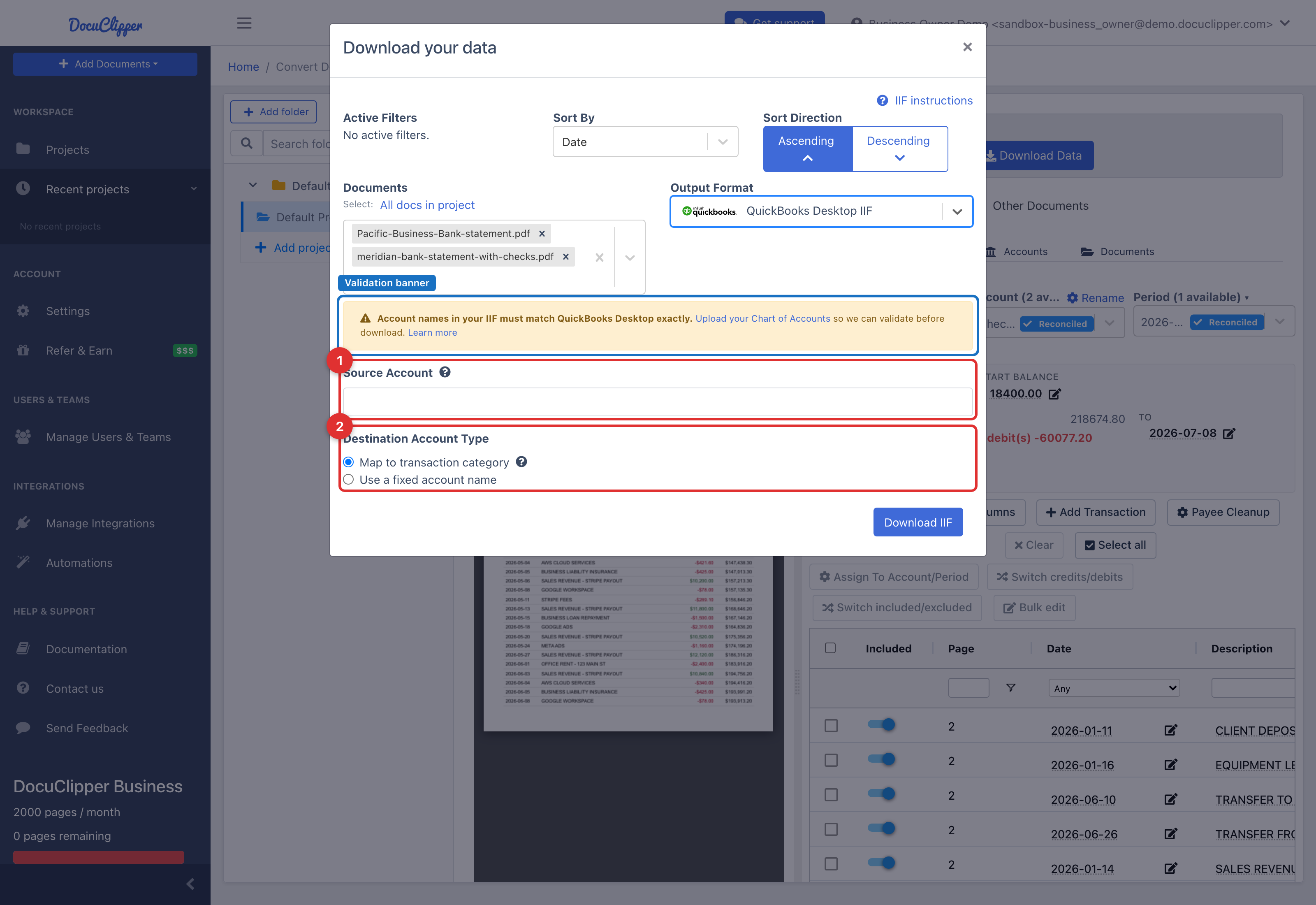 Download Data modal with Output Format set to QuickBooks Desktop IIF, showing the validation banner, the Source Account field, and the Destination Account Type radio options
