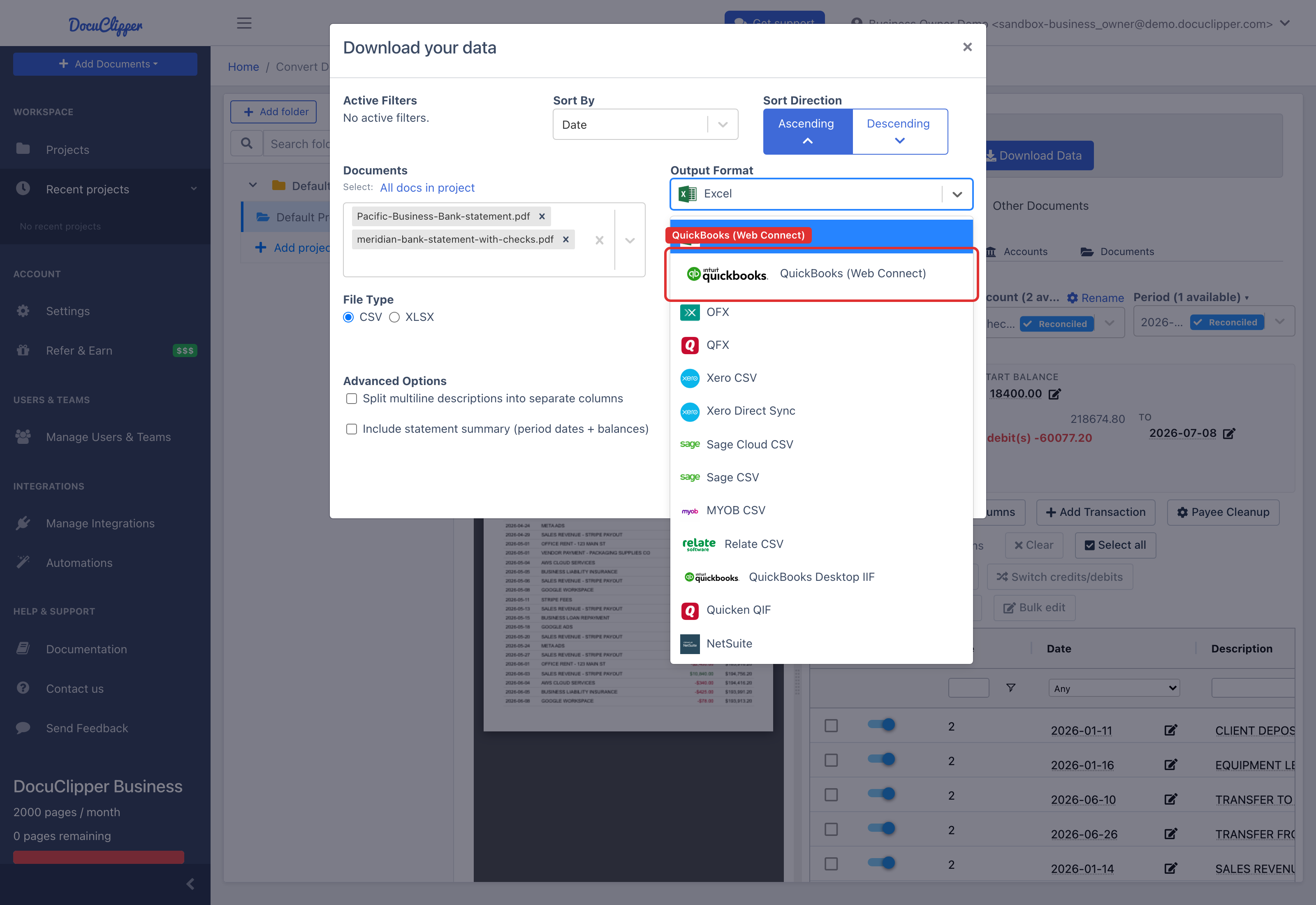 The Download modal with the Output Format dropdown open and QuickBooks (Web Connect) highlighted.