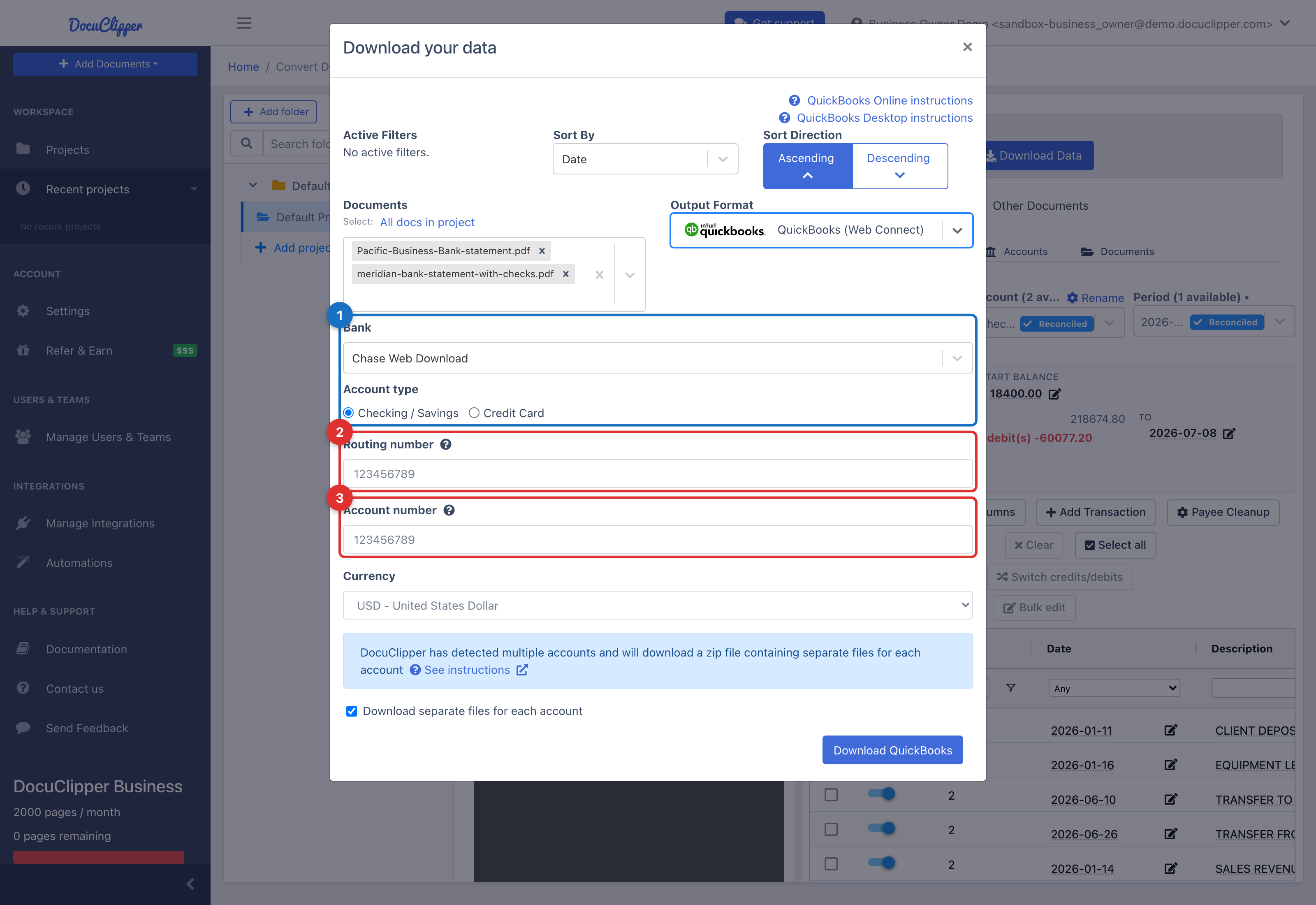 The QuickBooks (Web Connect) options form showing the Bank search and Account type radios (1), Routing number (2), Account number (3), and the Currency selector, with the Download QuickBooks button.