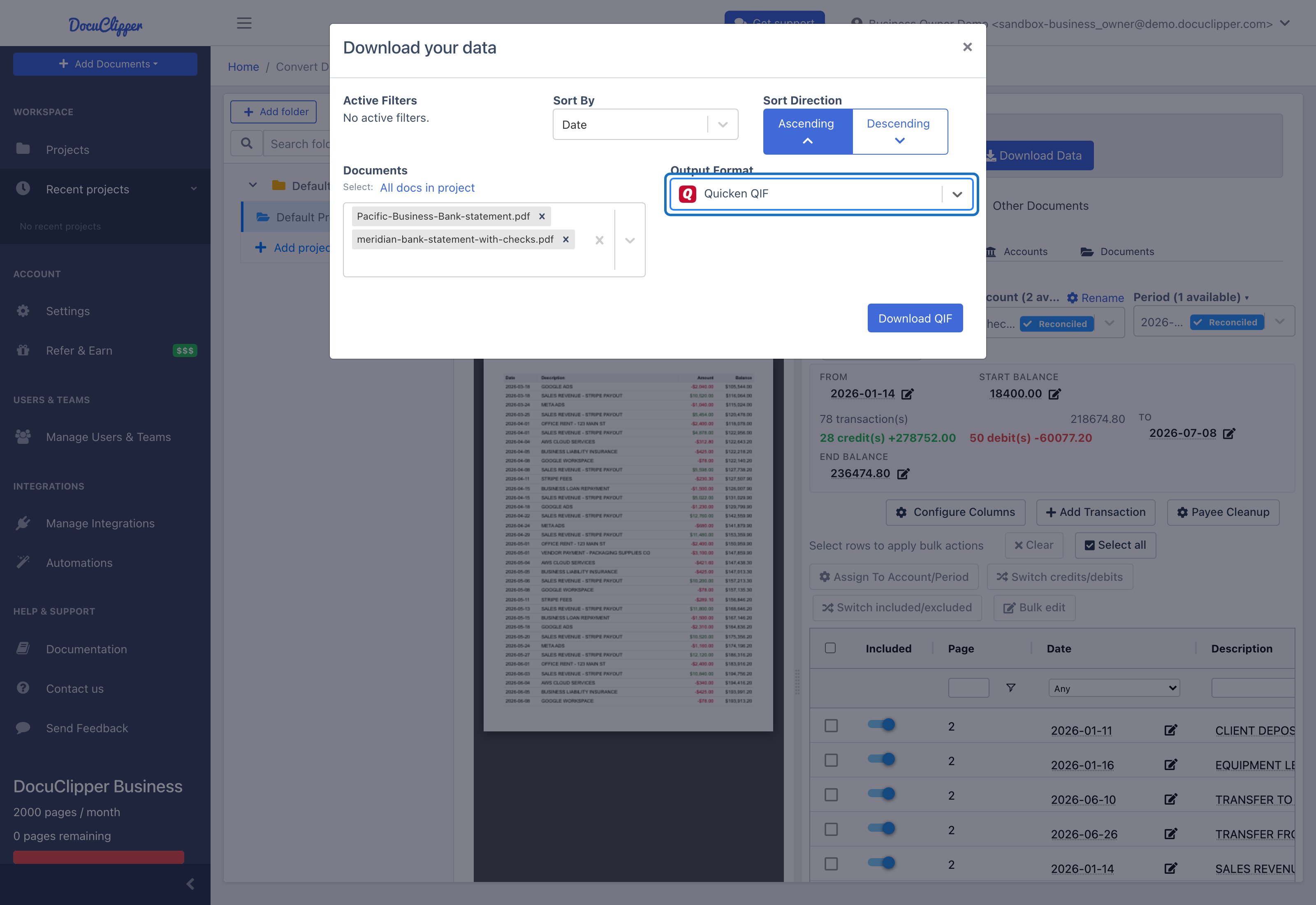 Download Data modal with the Output Format dropdown set to Quicken QIF