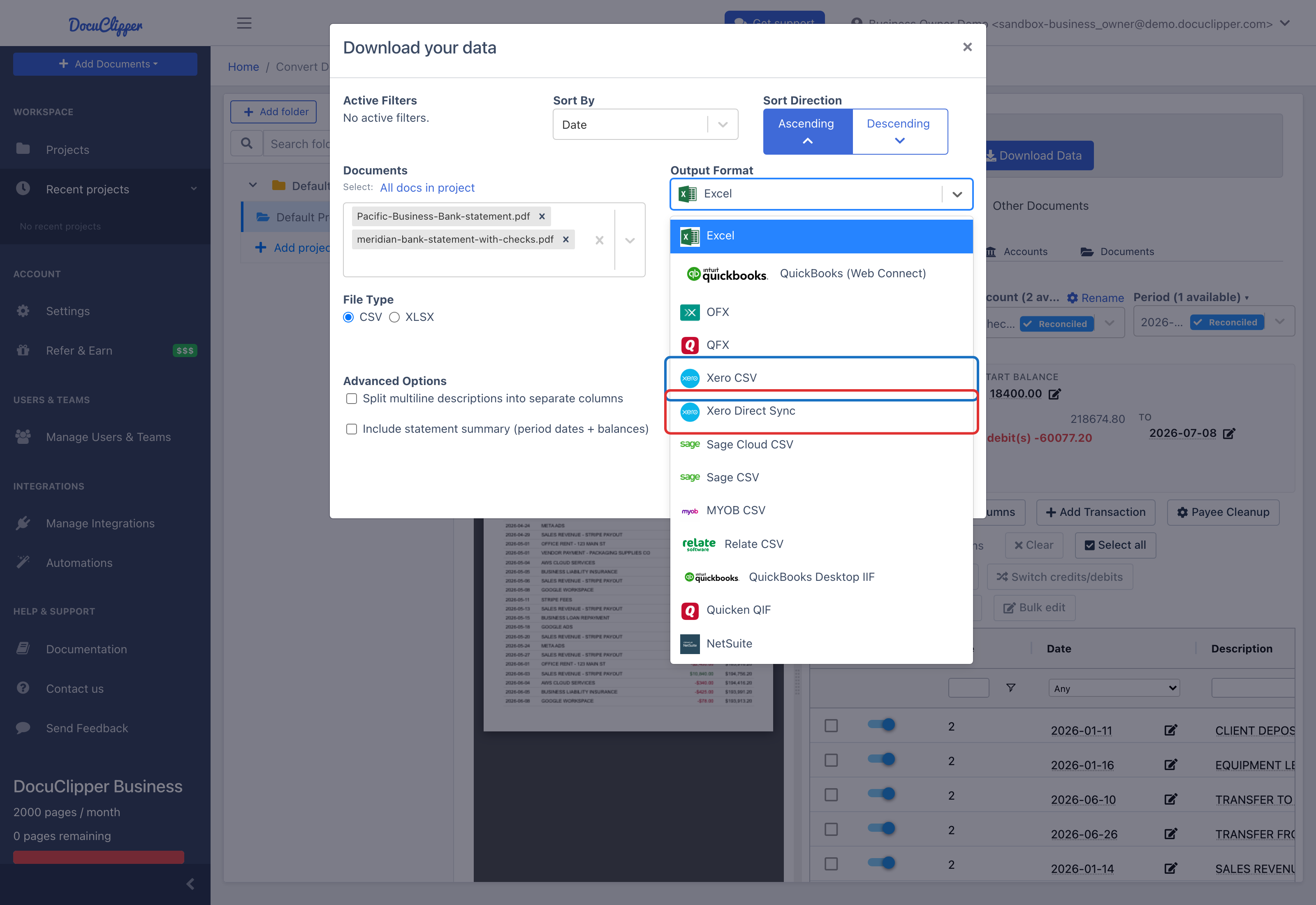Download Data modal with the Output Format dropdown expanded, showing Xero CSV and Xero Direct Sync among the export options
