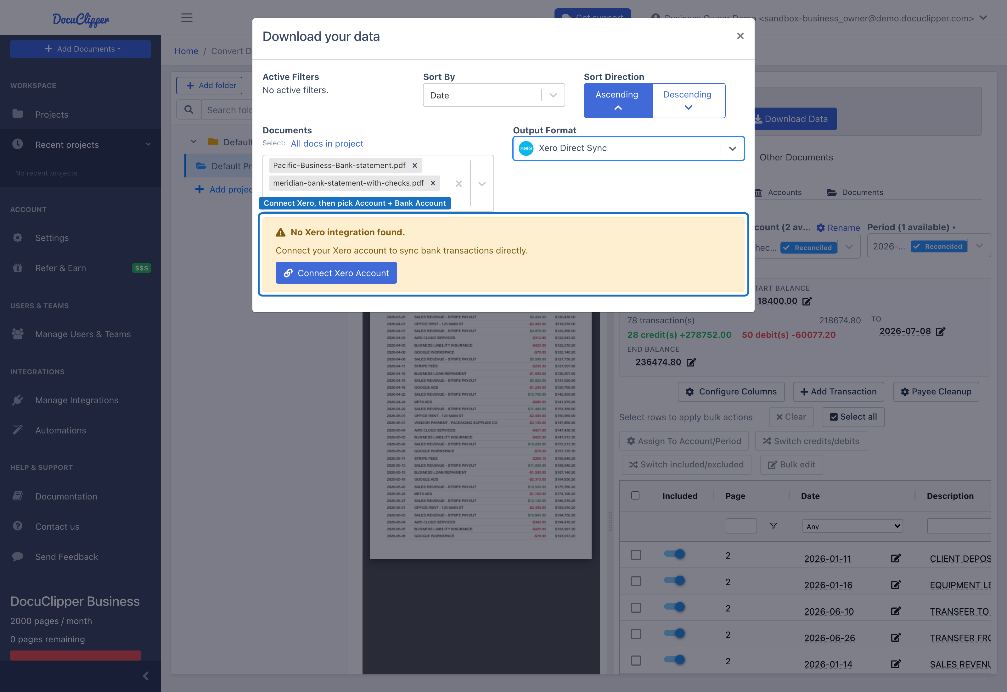 Download Data modal with Xero Direct Sync selected. Until a Xero organization is connected, the panel shows a Connect Xero Account prompt; after connecting, the Xero Account and Destination Bank Account selectors and the Sync to Xero button appear here