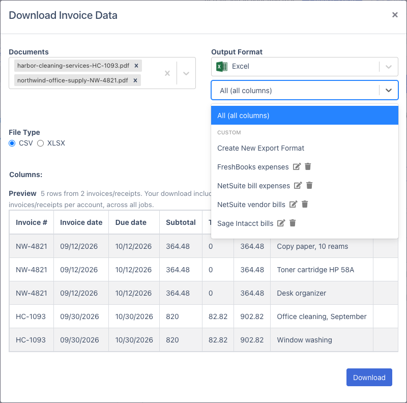 The Download Invoice Data window with the export format dropdown open, listing All (all columns), Create New Export Format, and the saved formats FreshBooks expenses, NetSuite bill expenses, NetSuite vendor bills and Sage Intacct bills, each with edit and delete icons.