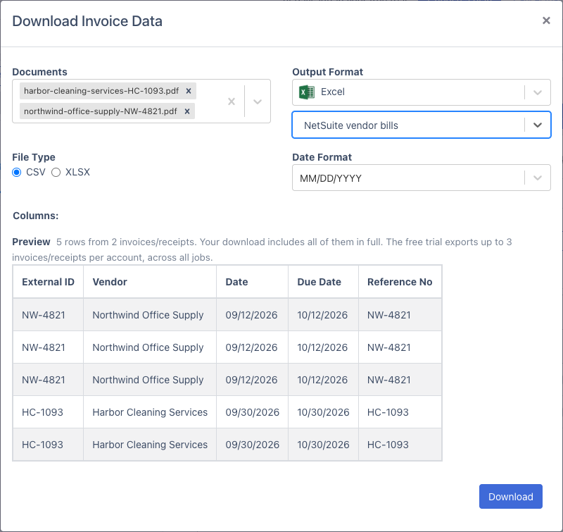 The Download Invoice Data window with the NetSuite vendor bills format selected and File Type set to CSV. The preview has the columns External ID, Vendor, Date, Due Date and Reference No; NW-4821 from Northwind Office Supply appears on three identical rows and HC-1093 from Harbor Cleaning Services on two.