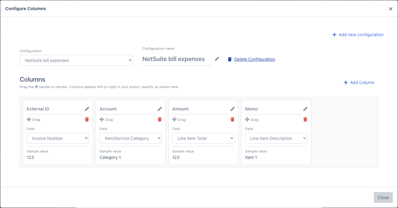 The Configure Columns window for a configuration named NetSuite bill expenses, with four columns: External ID reads Invoice Number, Account reads Item/Service Category, Amount reads Line Item Total, and Memo reads Line Item Description.