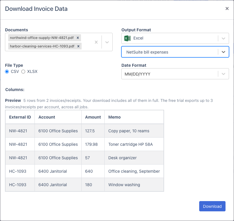 The Download Invoice Data window with the NetSuite bill expenses format selected. The preview shows External ID, Account, Amount and Memo for five lines: three for NW-4821 on account 6100 Office Supplies (127.5, 179.98 and 57) and two for HC-1093 on 6400 Janitorial (640 and 180).