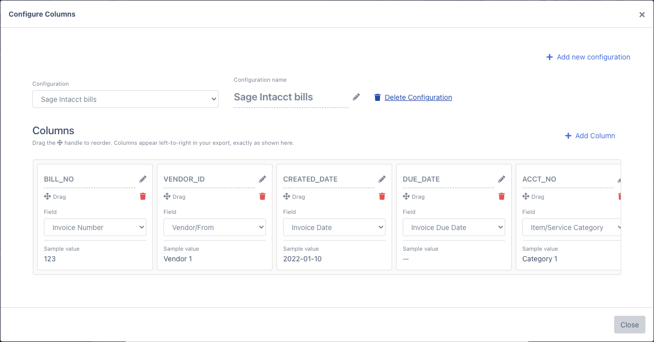 The Configure Columns window for a configuration named Sage Intacct bills. The visible columns are BILL_NO reading Invoice Number, VENDOR_ID reading Vendor/From, CREATED_DATE reading Invoice Date, DUE_DATE reading Invoice Due Date, and ACCT_NO reading Item/Service Category; AMOUNT and MEMO continue to the right.