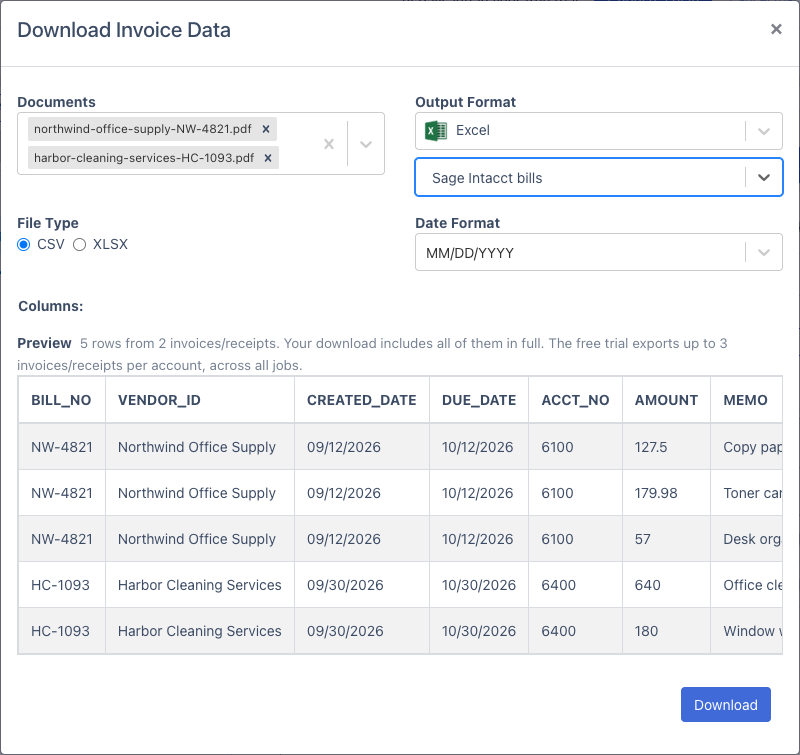 The Download Invoice Data window with the Sage Intacct bills format selected and File Type set to CSV. The preview shows the columns BILL_NO, VENDOR_ID, CREATED_DATE, DUE_DATE, ACCT_NO, AMOUNT and MEMO, with three rows for bill NW-4821 from Northwind Office Supply on account 6100 and two rows for bill HC-1093 from Harbor Cleaning Services on account 6400.