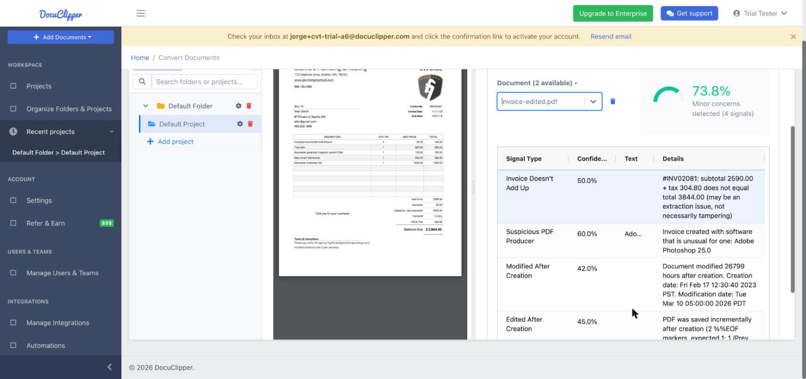 The Fraud Detection tab on an invoice: a 73.8% authenticity score with four signals - the invoice does not add up, it was produced by Adobe Photoshop, it was modified long after creation, and it was edited after it was first saved