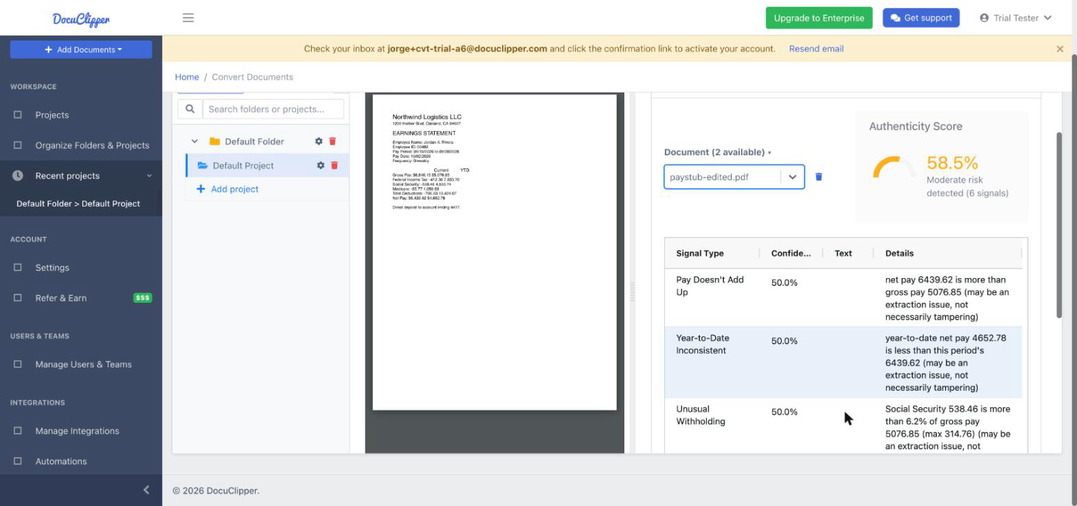 The Fraud Detection tab on a pay stub: a 58.5% authenticity score, moderate risk, with signals for pay that doesn't add up, year to date below this period, and unusual withholding