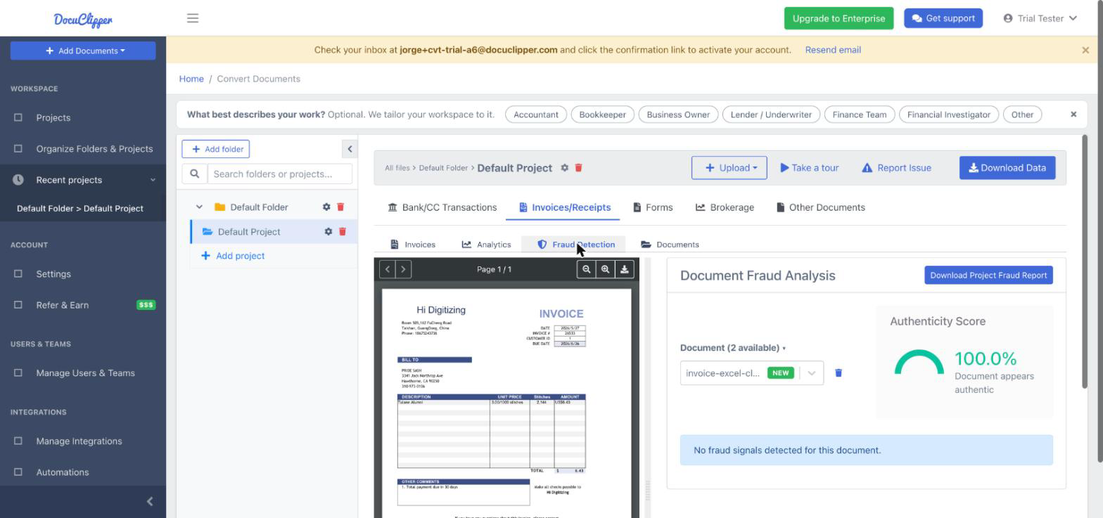 The Fraud Detection tab on an invoice exported from Excel: 100% authenticity score, document appears authentic, no fraud signals