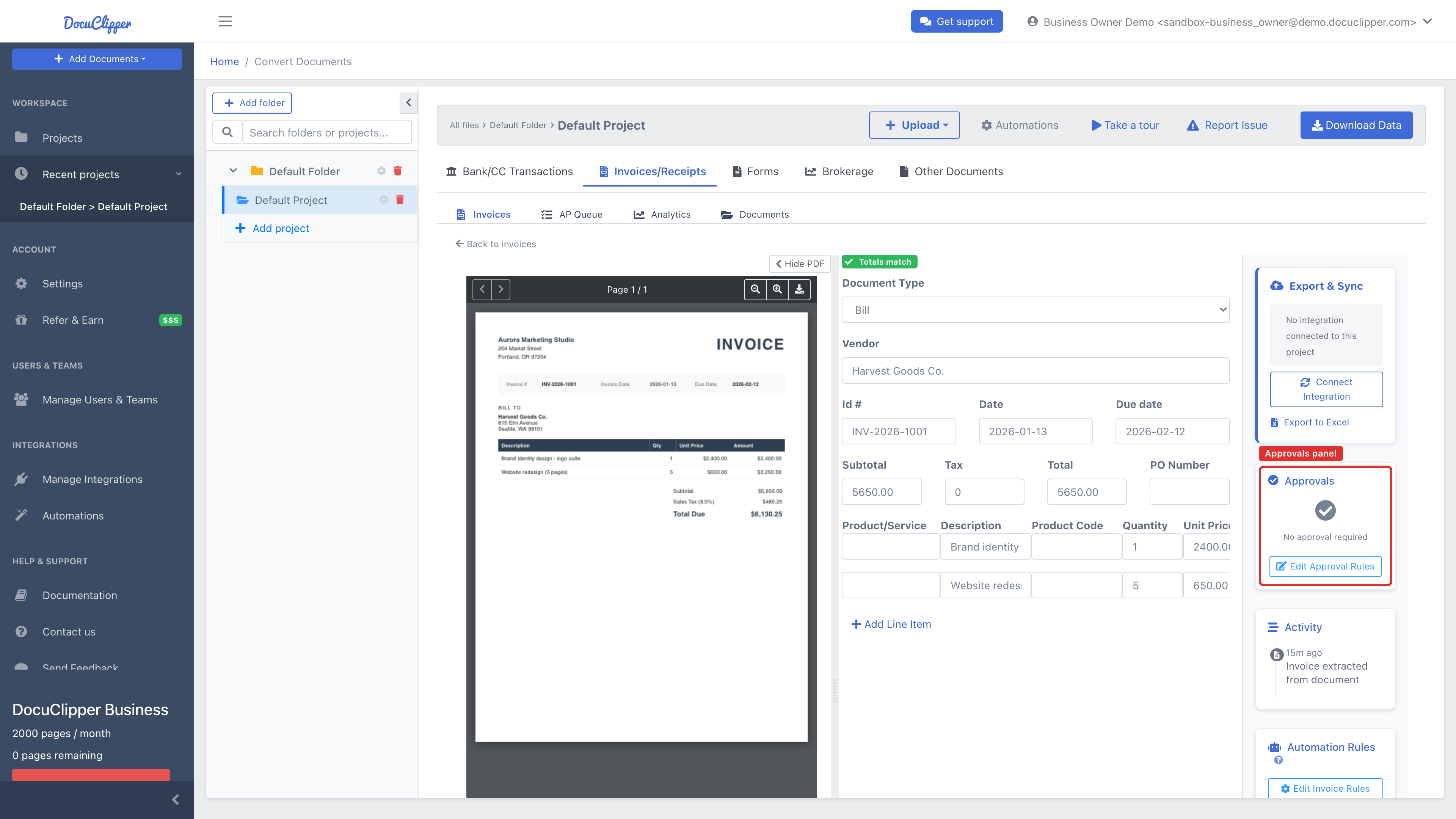 The invoice detail with the right-hand Approvals panel highlighted. When an approval rule applies to the invoice, a Submit for Approval button appears in this panel; the invoice shown here has no matching rule, so it reads "No approval required."