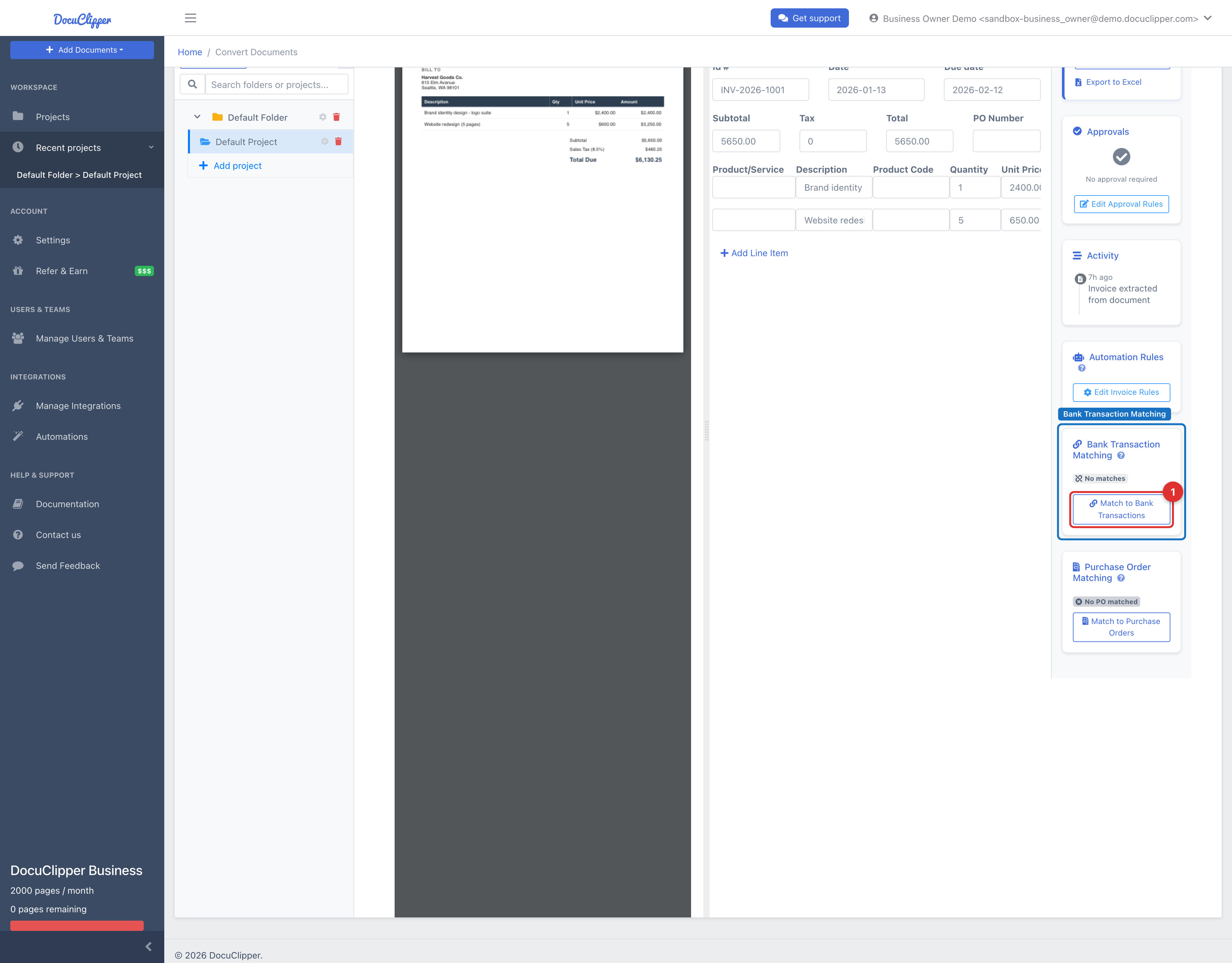 Invoice detail sidebar showing the Bank Transaction Matching card and the Match to Bank Transactions button