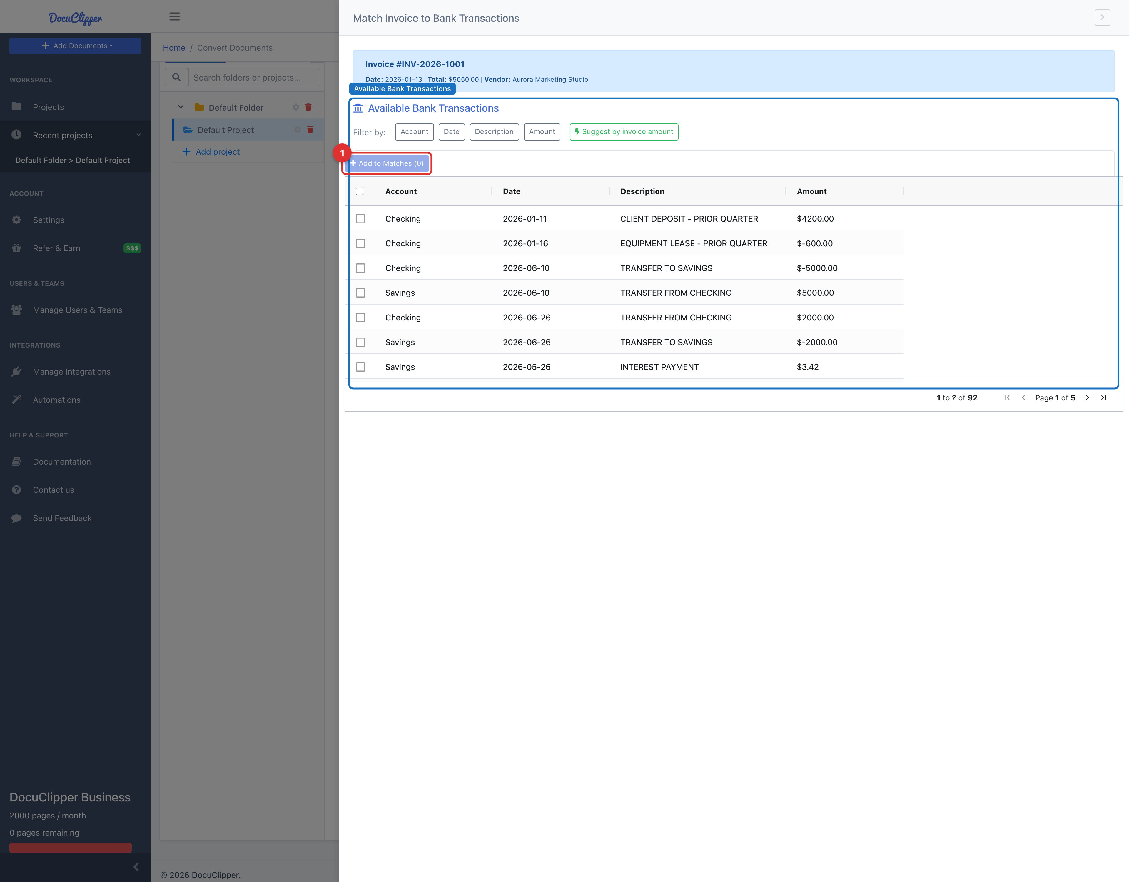 Matching drawer showing the Available Bank Transactions table with column filters and the Add to Matches button