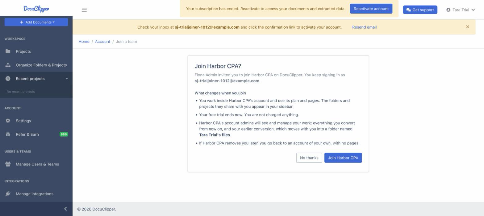 Join Harbor CPA confirmation page listing what changes when you join, with No thanks and Join Harbor CPA buttons