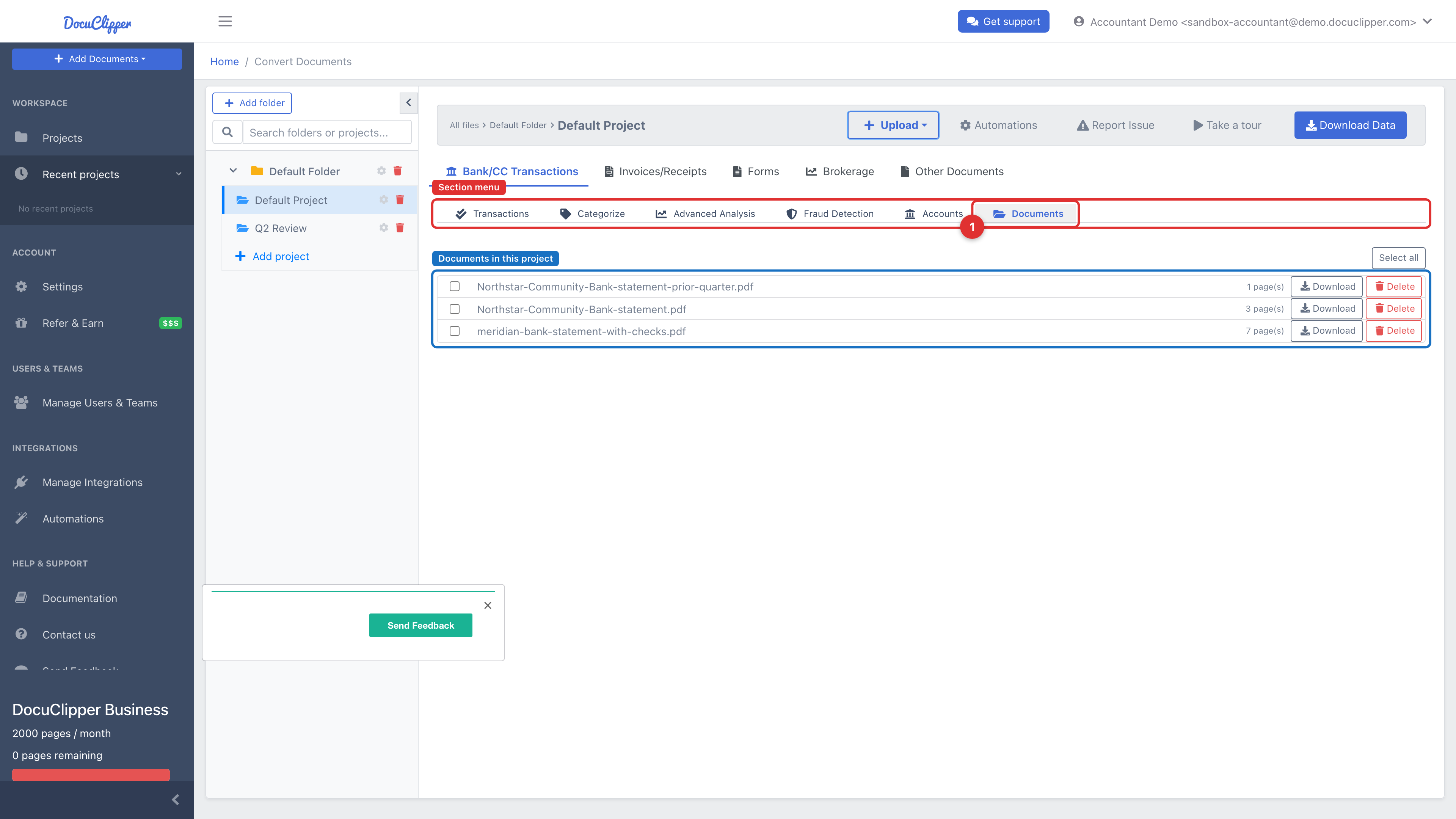 The Documents section of a project, selected from the Bank/CC Transactions section menu, showing the list of uploaded source files with page counts and Download/Delete buttons