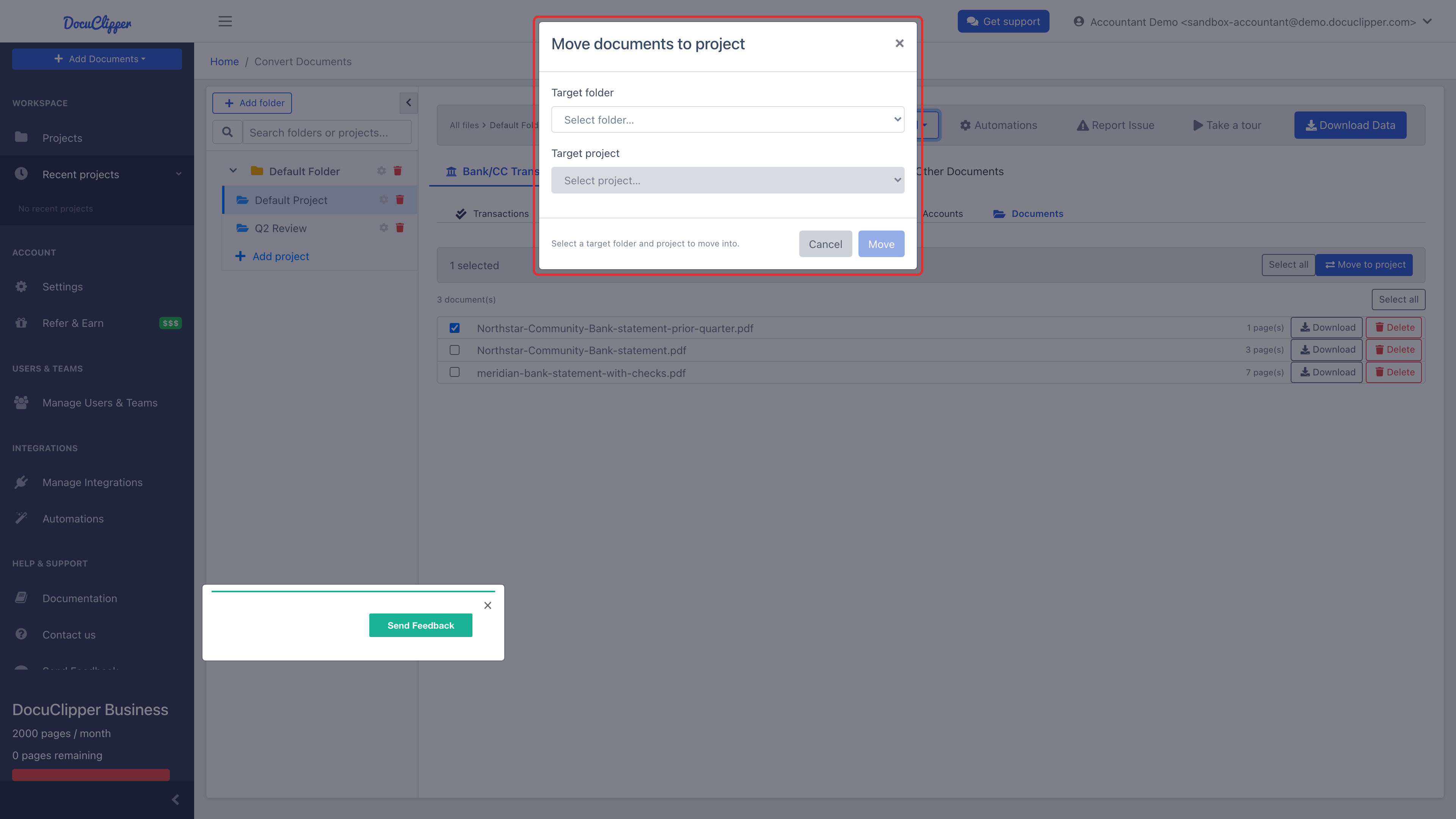 The "Move documents to project" modal with Target folder and Target project dropdowns