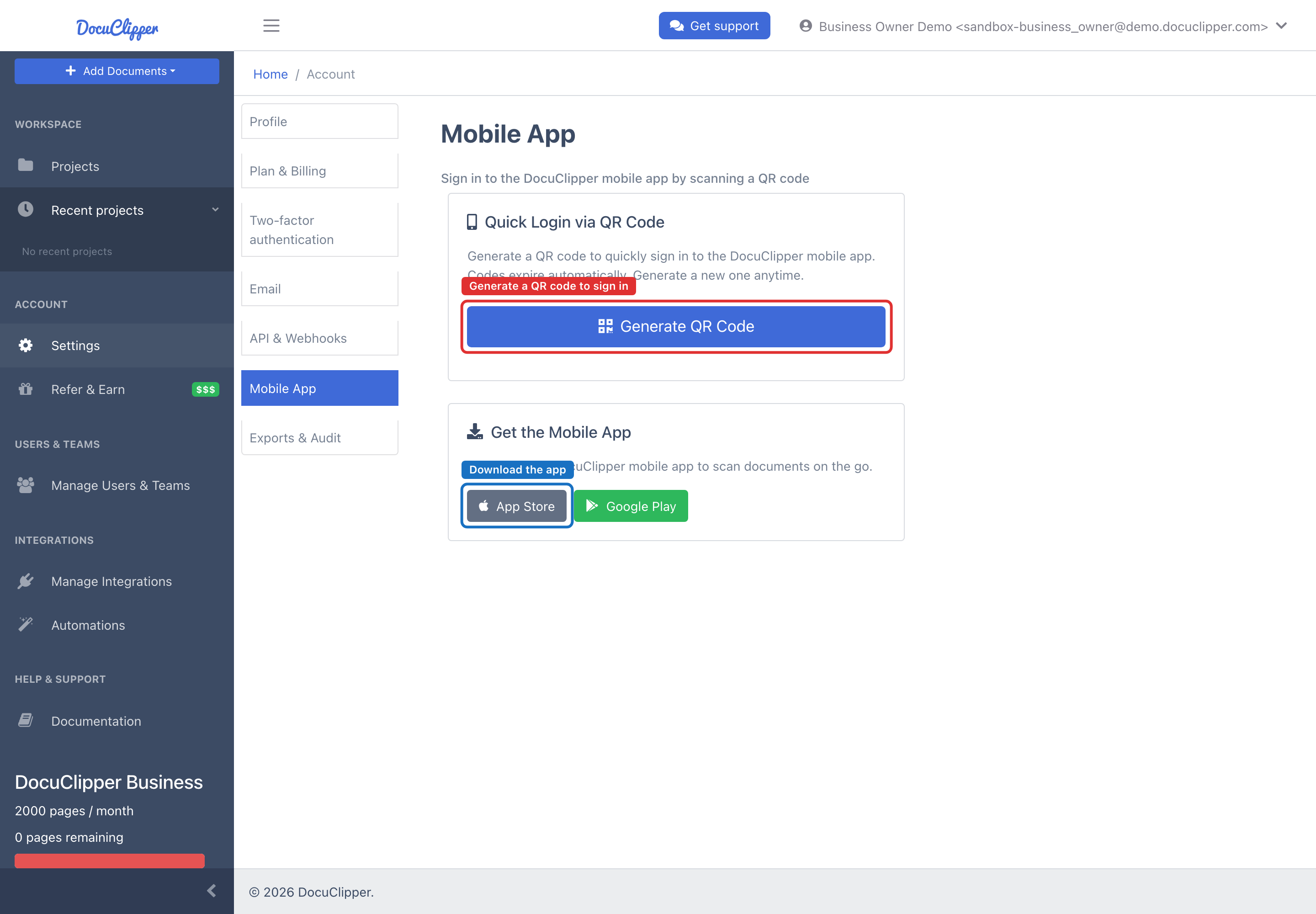 Account Settings → Mobile App section with the QR-code quick-login panel and the App Store and Google Play download buttons