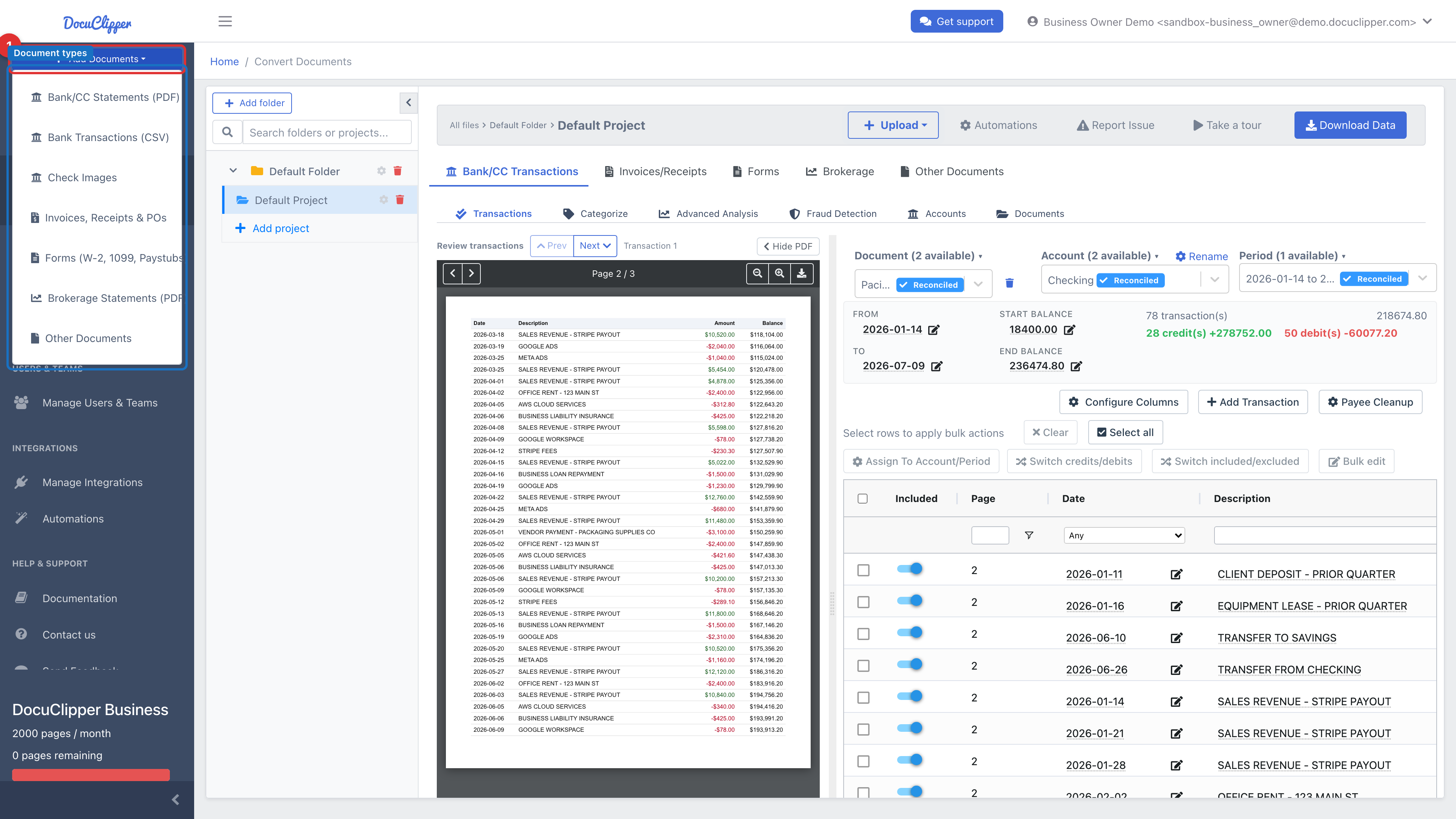 Add Documents dropdown in the left sidebar expanded, showing all document-type options