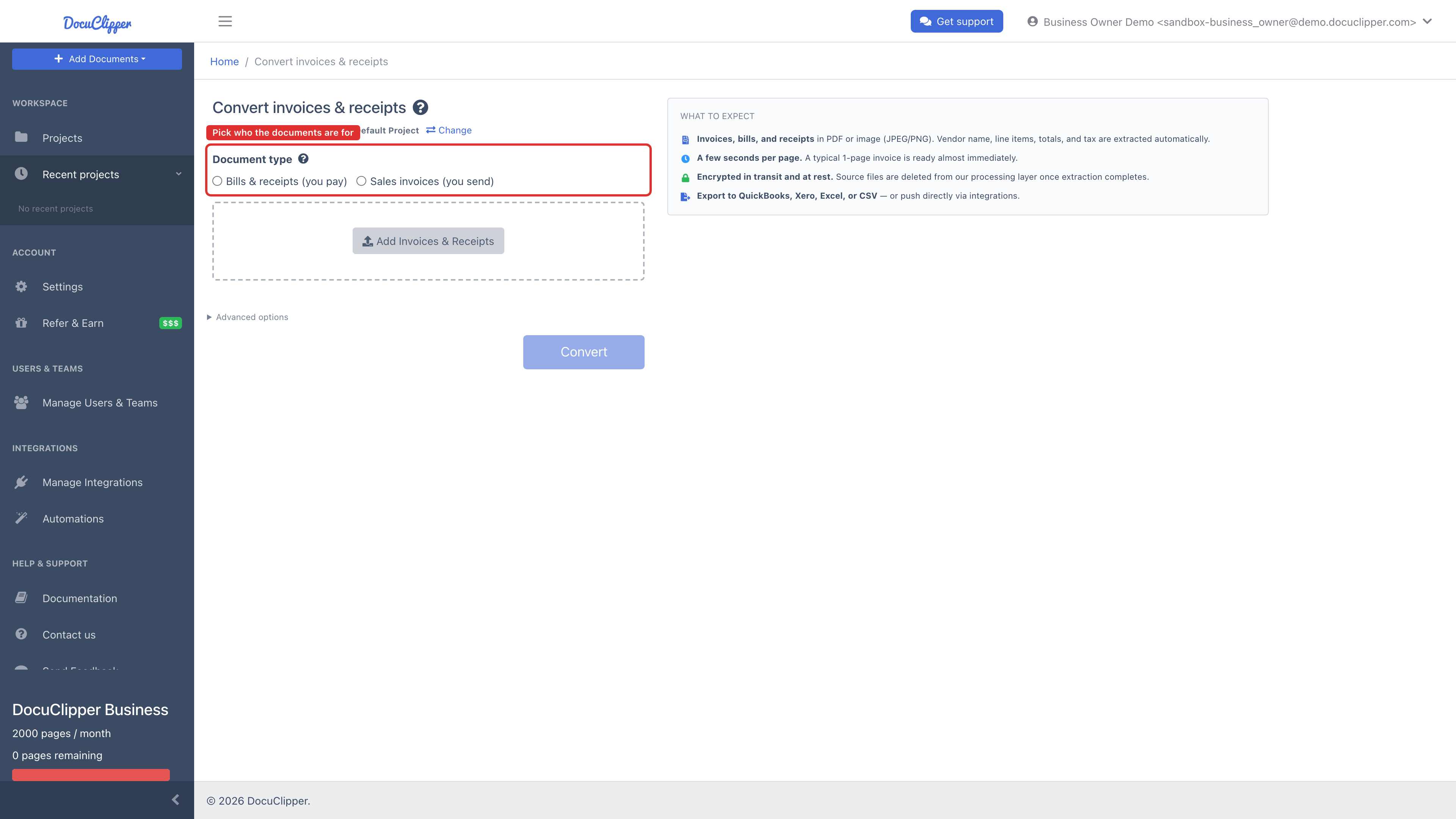Invoice upload page with "Bills & receipts (you pay)" and "Sales invoices (you send)" radio buttons