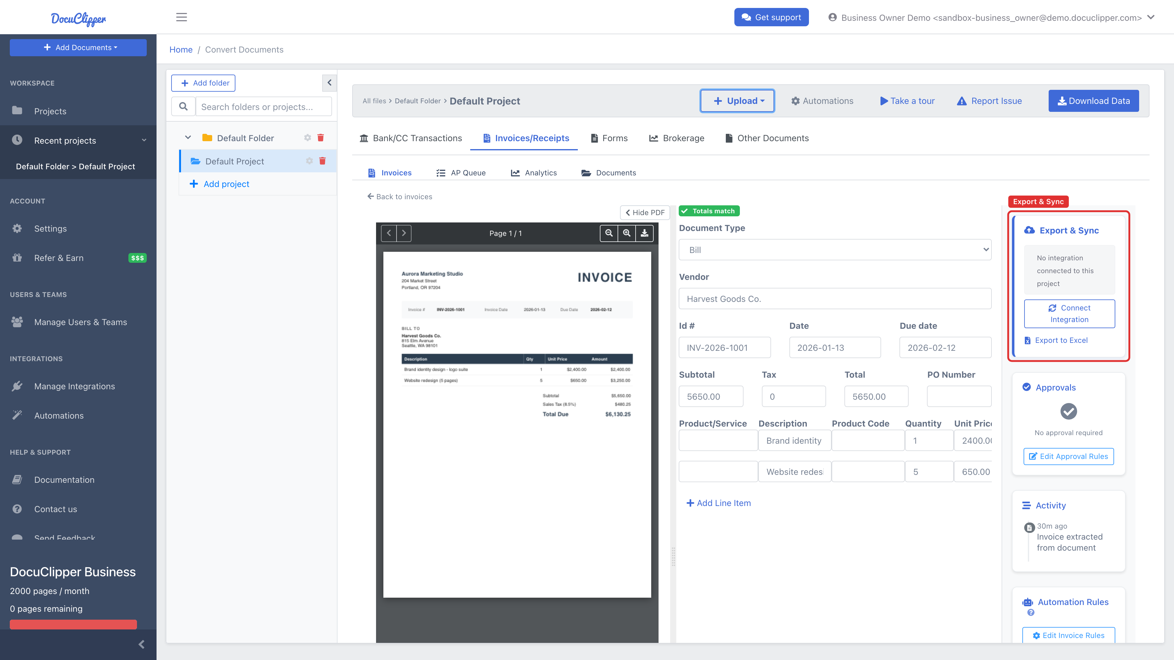 The Export & Sync panel in the invoice detail sidebar, where DocuClipper validates the invoice and reports a blocked sync before pushing to QuickBooks or Xero