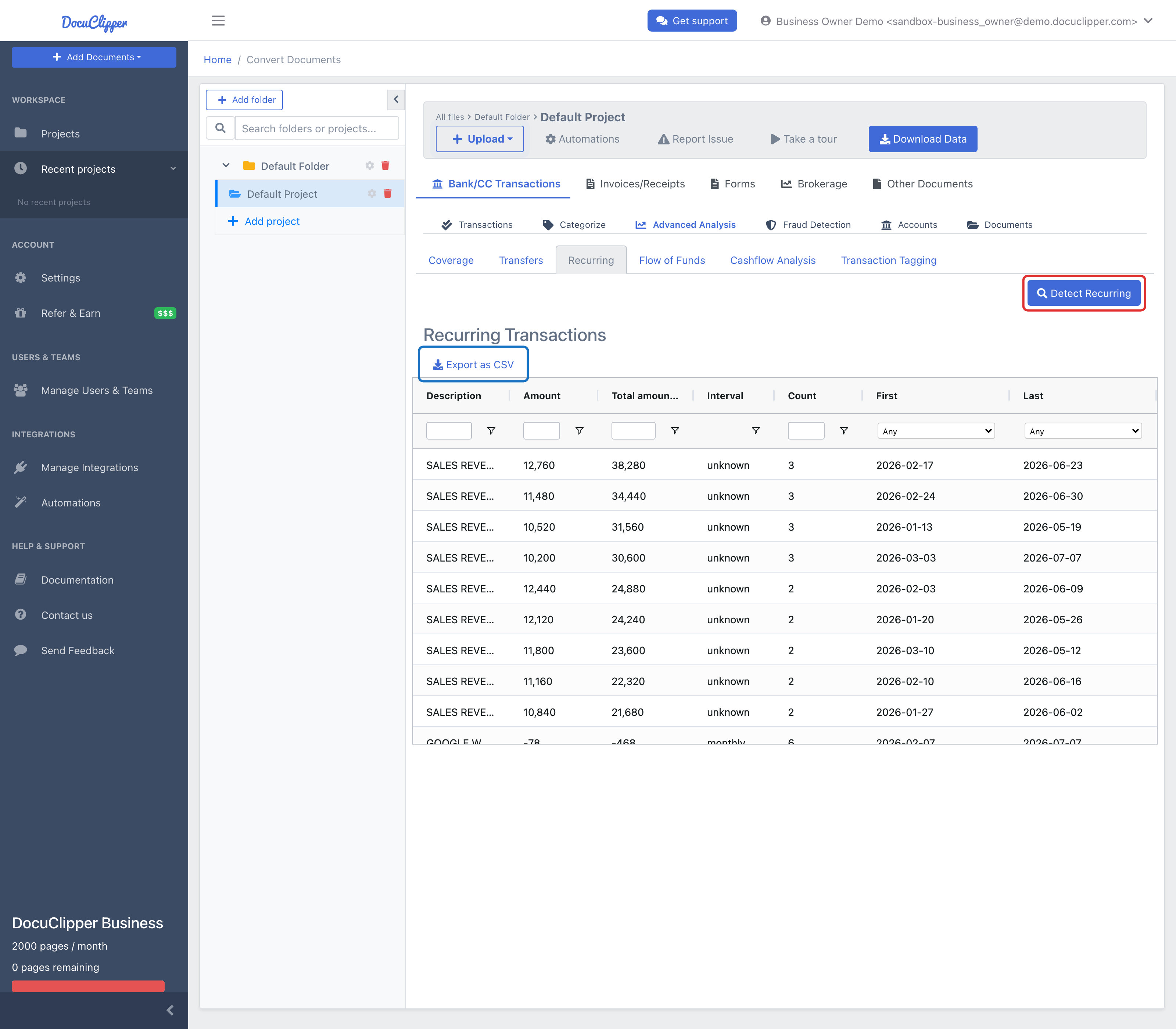 Advanced Analysis Recurring sub-tab: the Recurring Transactions results table with Description, Amount, Total amount paid, Interval, Count, First, and Last columns, plus the Detect Recurring and Export as CSV buttons