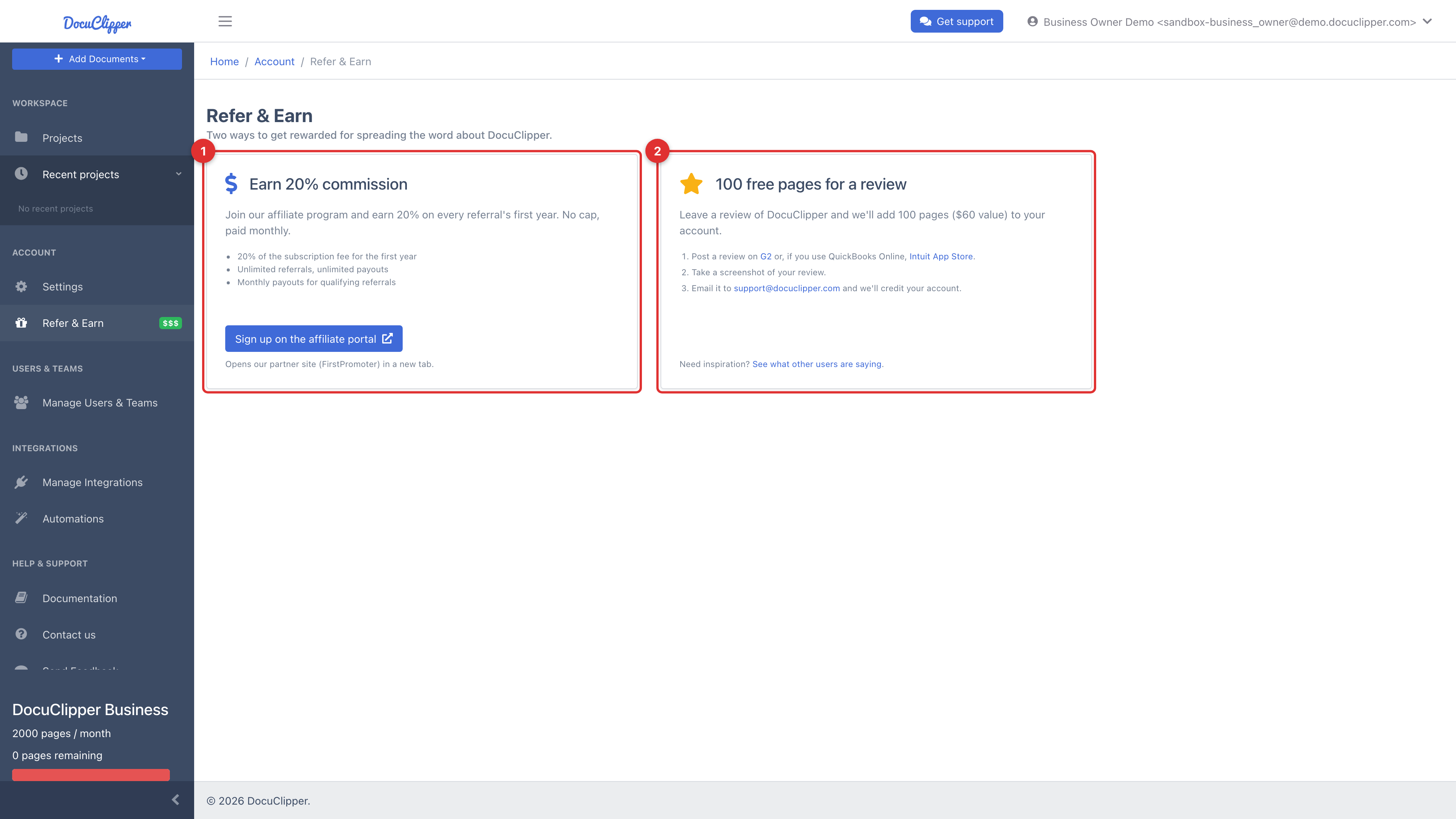 Refer & Earn page showing the Earn 20% commission card and the 100 free pages for a review card
