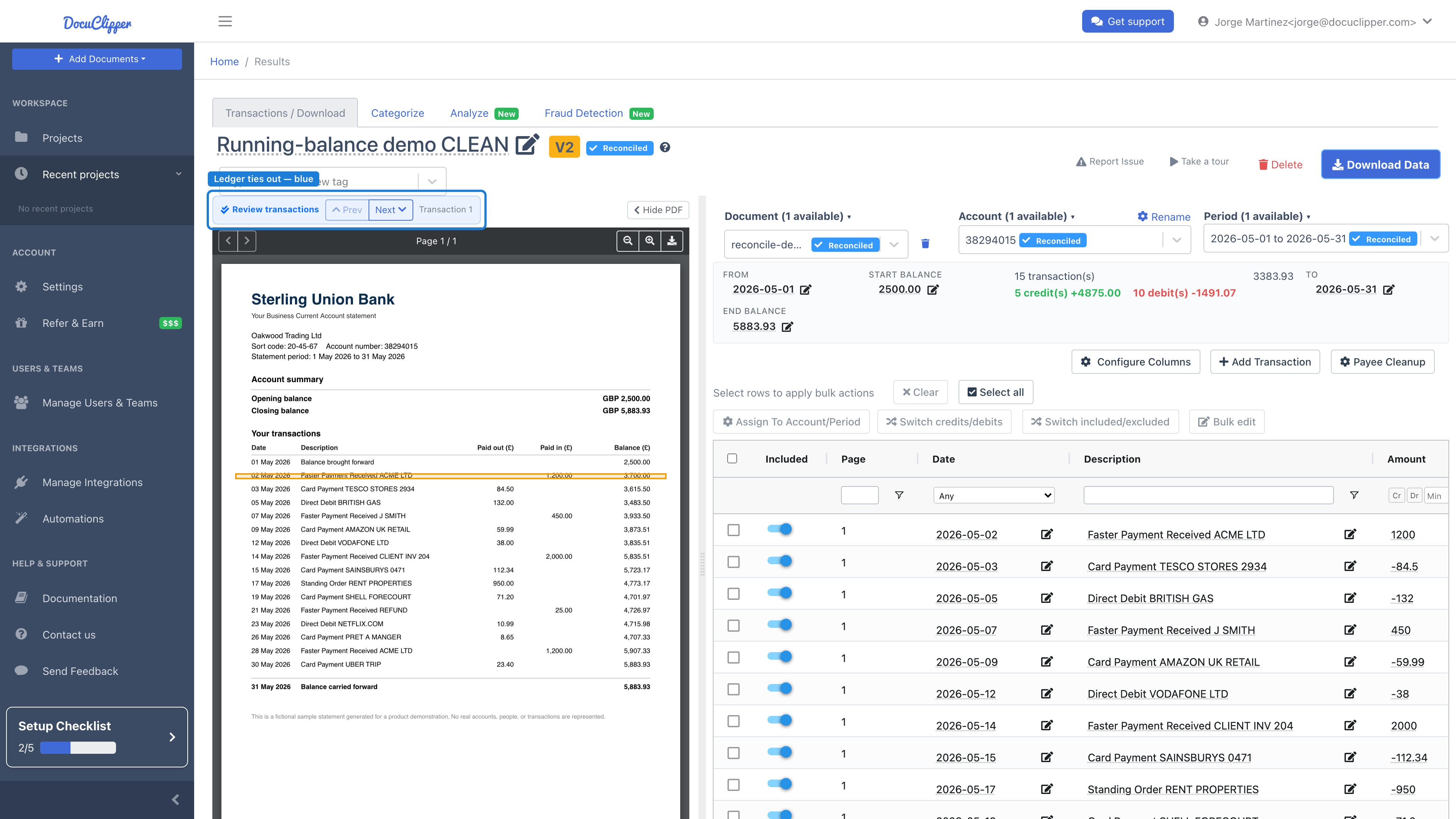 Reconcile view with the blue Review transactions box in its normal state, showing a checkmark and the Prev / Next transaction controls