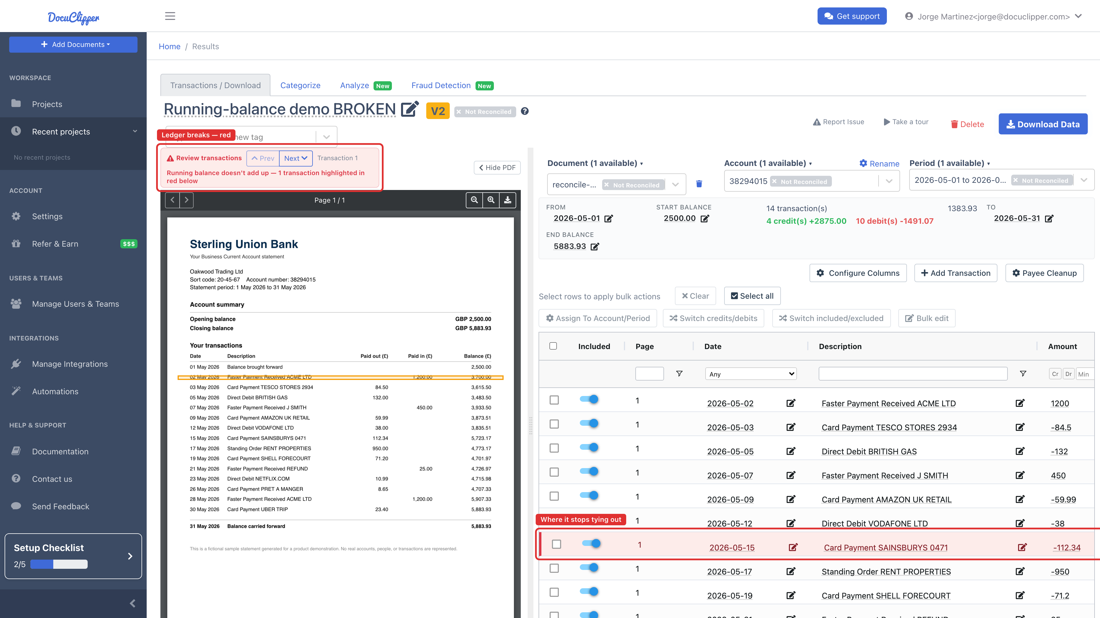 Reconcile view with the red Review transactions box and the offending transaction row highlighted where the printed running balance no longer ties out