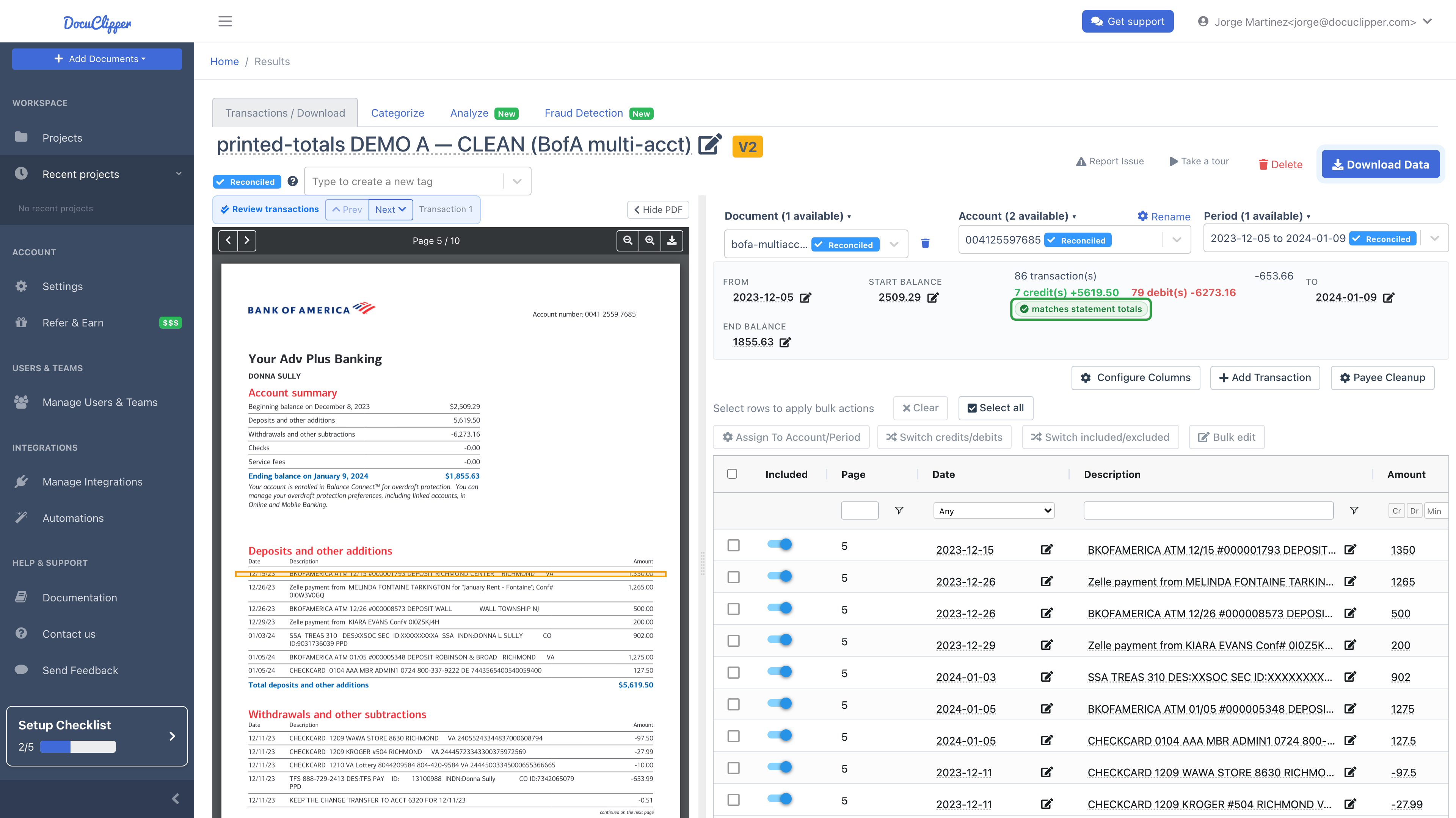 Balance summary line with the green matches statement totals badge next to the extracted credit and debit totals