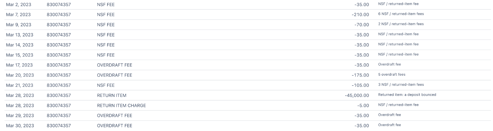 Flagged transactions from a March 2023 statement: NSF FEE rows of 35.00, a 210.00 row counted as 6 NSF / returned-item fees, 70.00 as 2 and 105.00 as 3, a 175.00 overdraft row counted as 5 overdraft fees, a 45,000.00 returned item flagged as a deposit that bounced, and its 5.00 return item charge