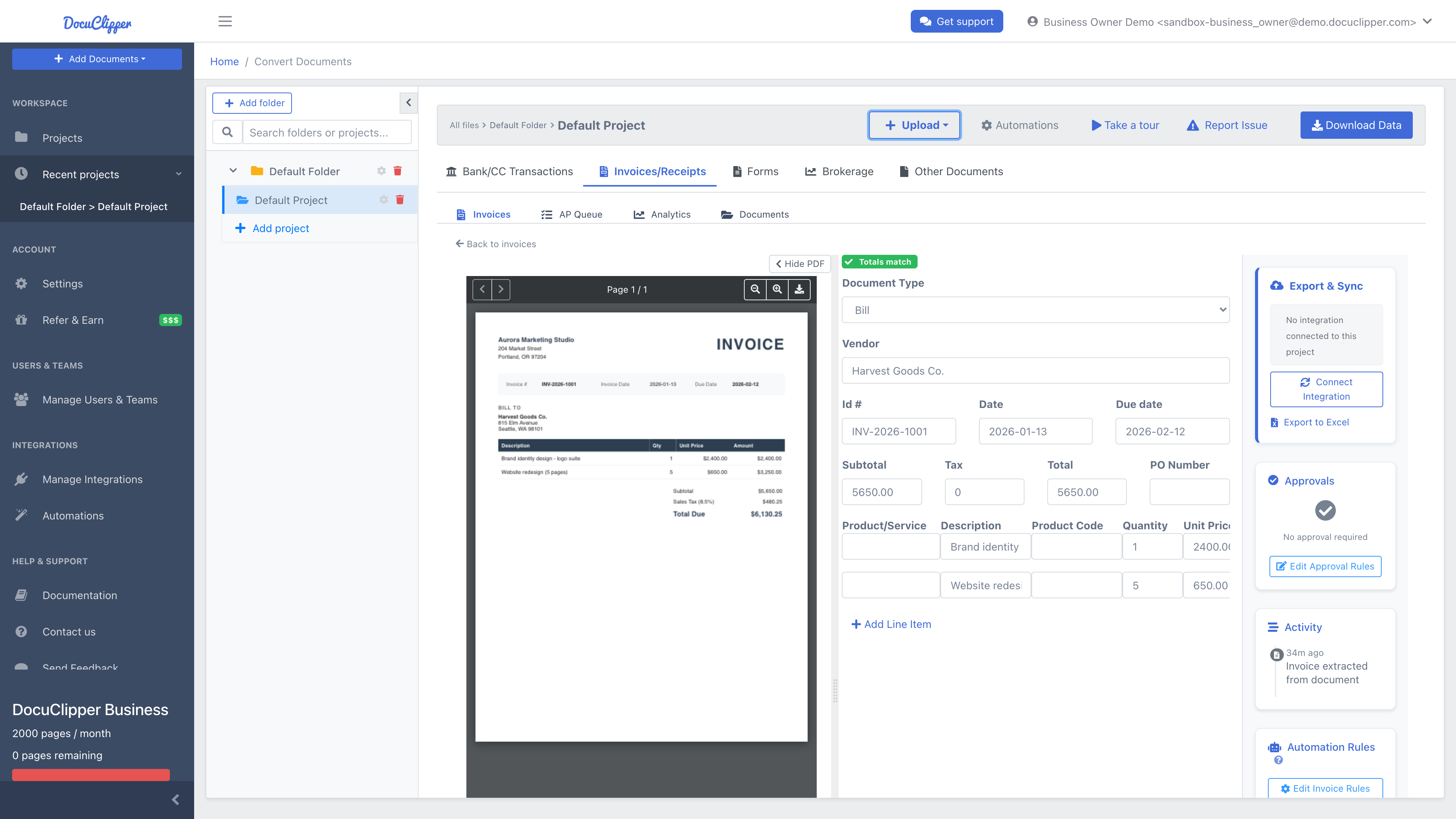 Invoice editor with a line-item Category field set and the "Always do this for {vendor}" chip beneath it