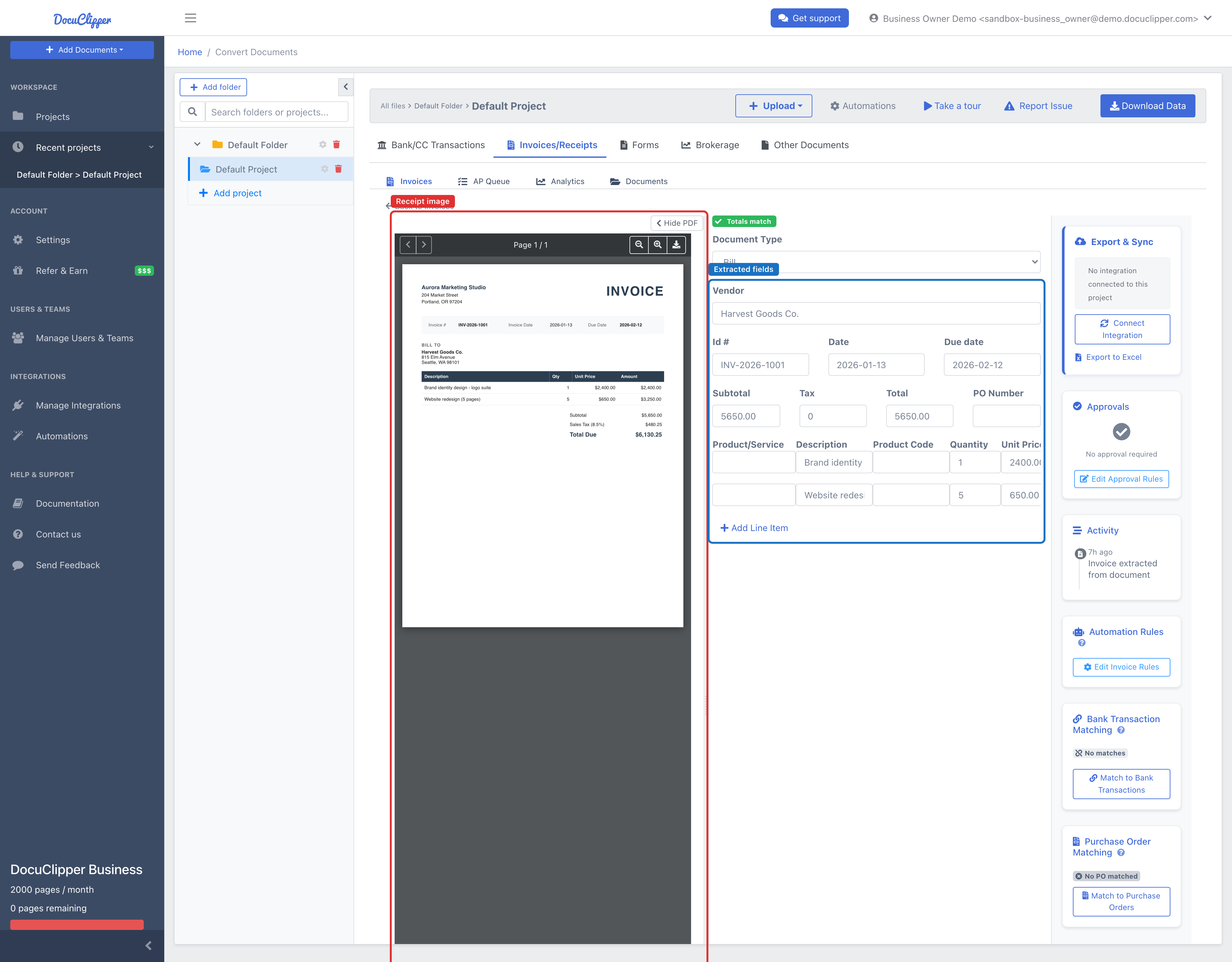 Invoices tab with a receipt open, extracted merchant, date, line items, and total beside the source receipt image