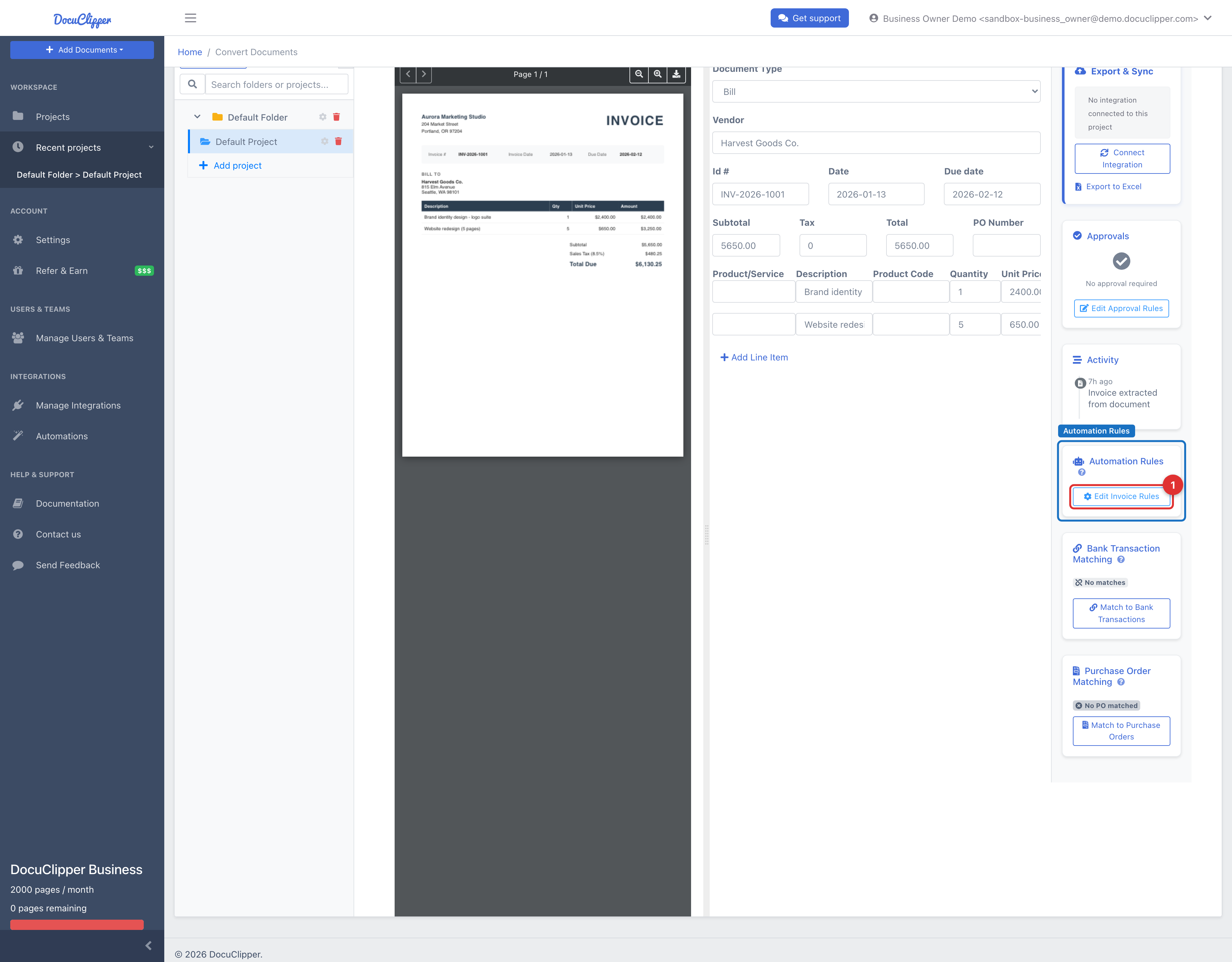 Invoice detail sidebar showing the Automation Rules card with the Edit Invoice Rules button