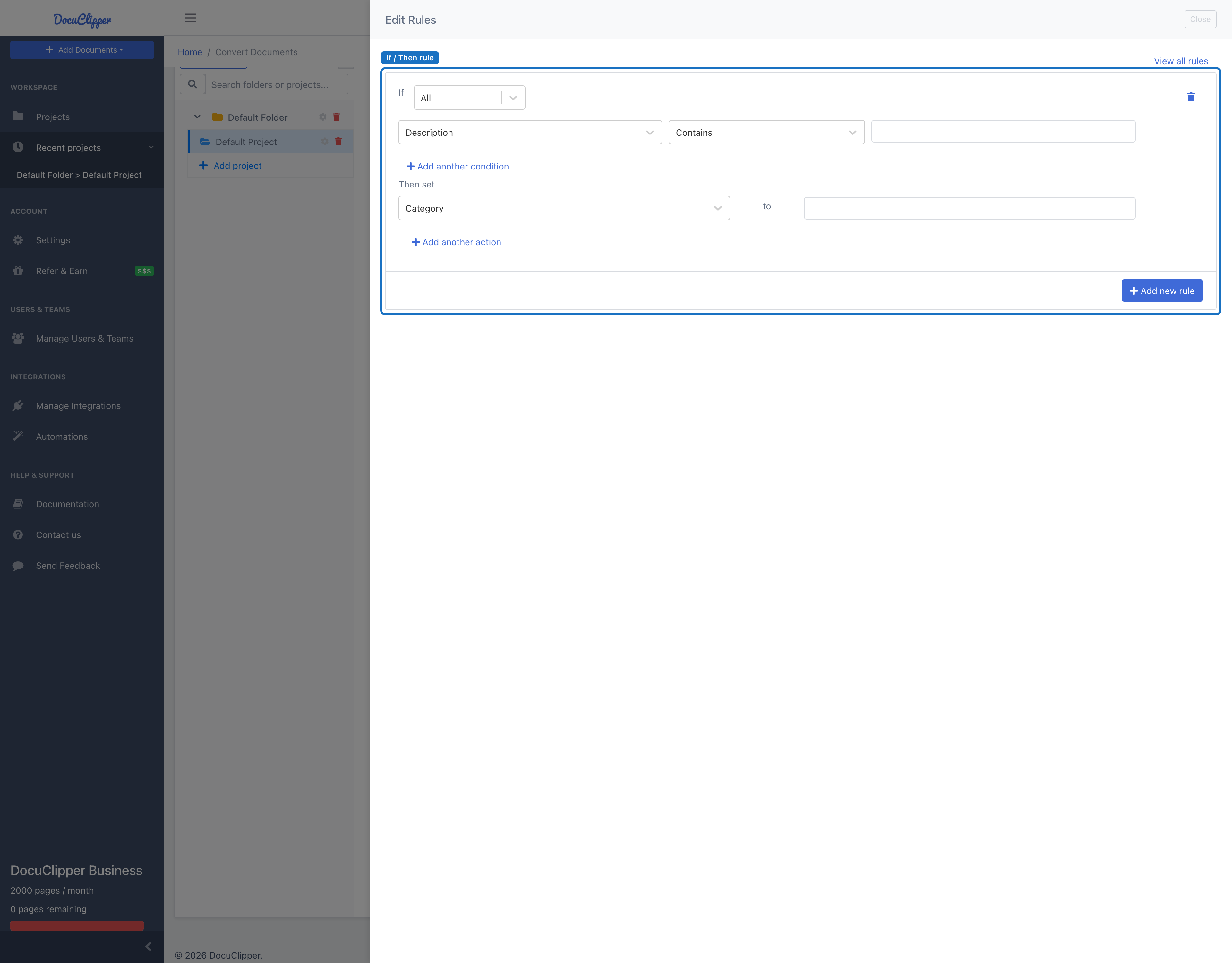 Rules Editor drawer with an open rule card showing the If Field/Operator/keyword row and the Then set row