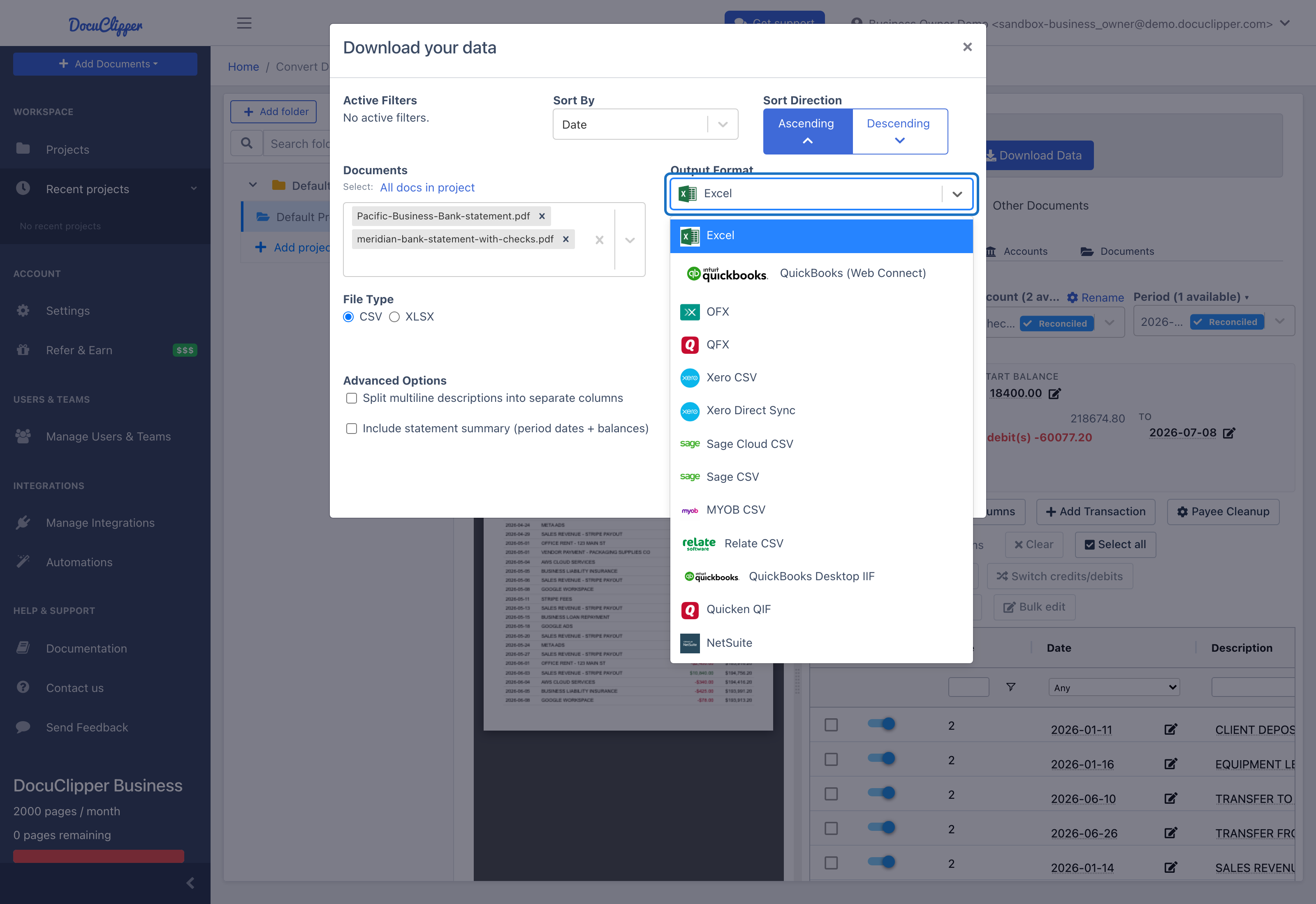 The Download modal with the Output Format dropdown open, showing the full bank-statement export format list: Excel, QuickBooks (Web Connect), OFX, QFX, Xero CSV, Xero Direct Sync, Sage Cloud CSV, Sage CSV, MYOB CSV, Relate CSV, QuickBooks Desktop IIF, Quicken QIF, and NetSuite.