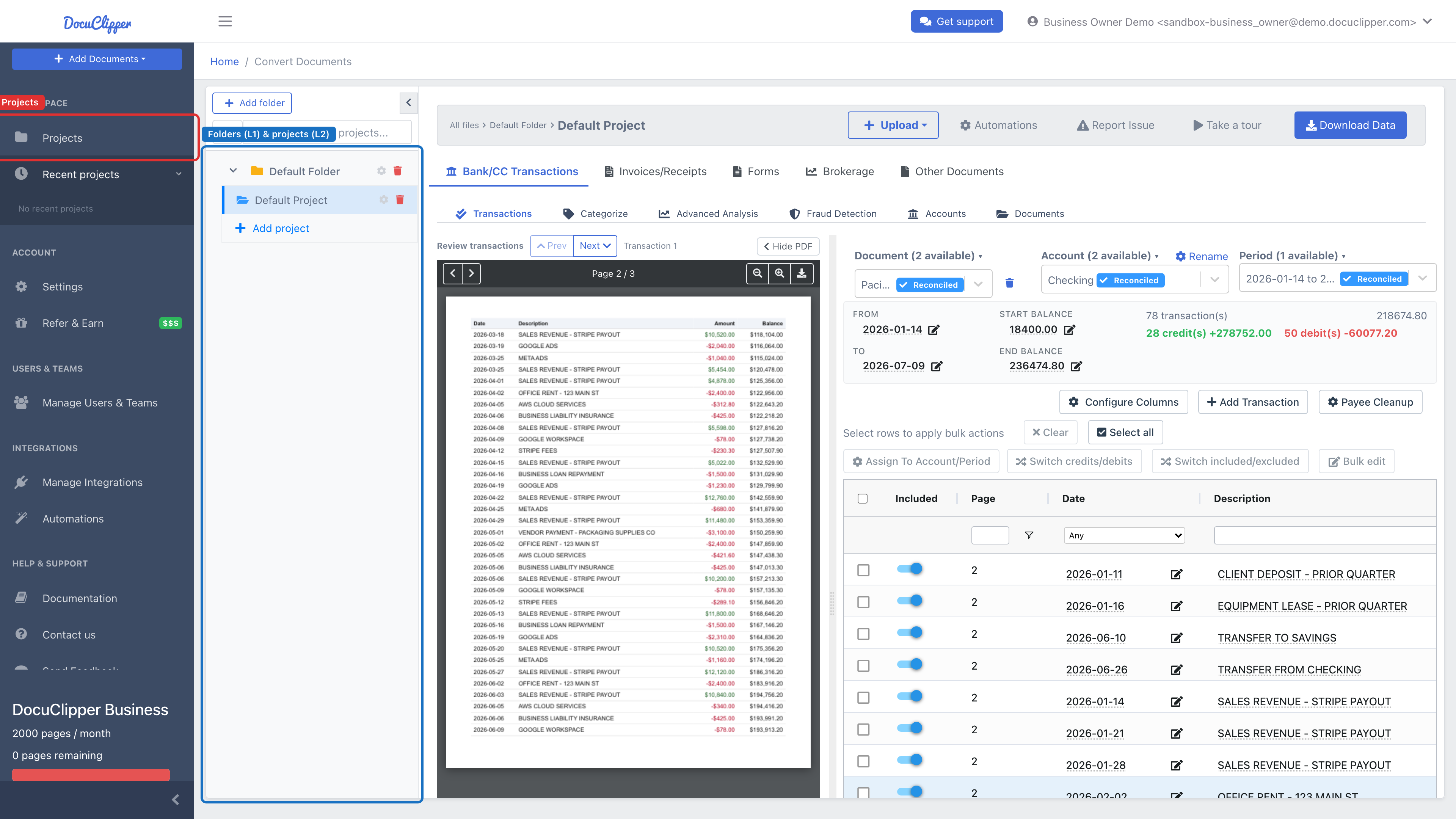 Project-based interface with the Projects sidebar item and a folder tree of folders (L1) and projects (L2)