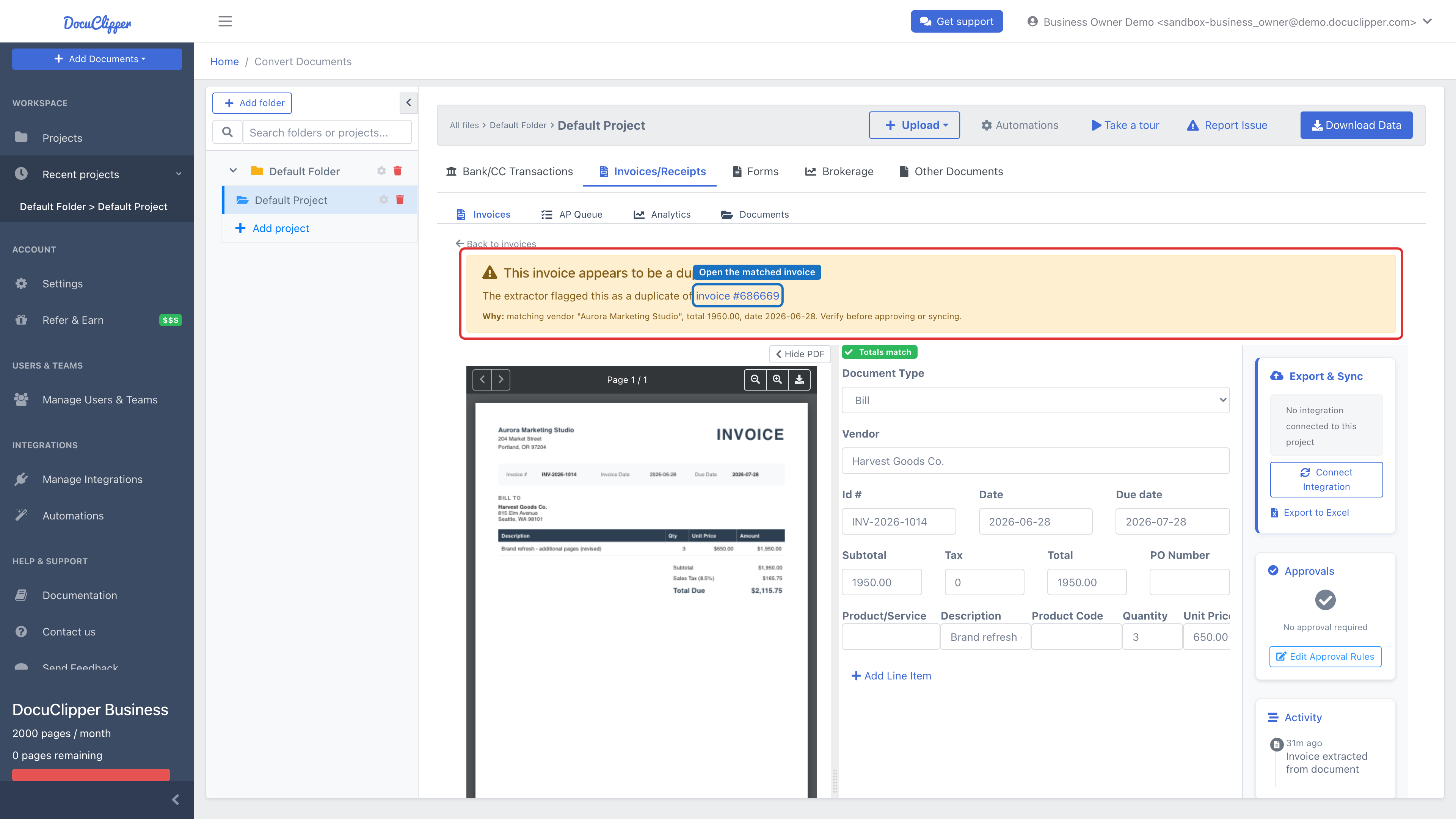 Invoice editor duplicate alert with the "invoice #…" link that opens the matched original