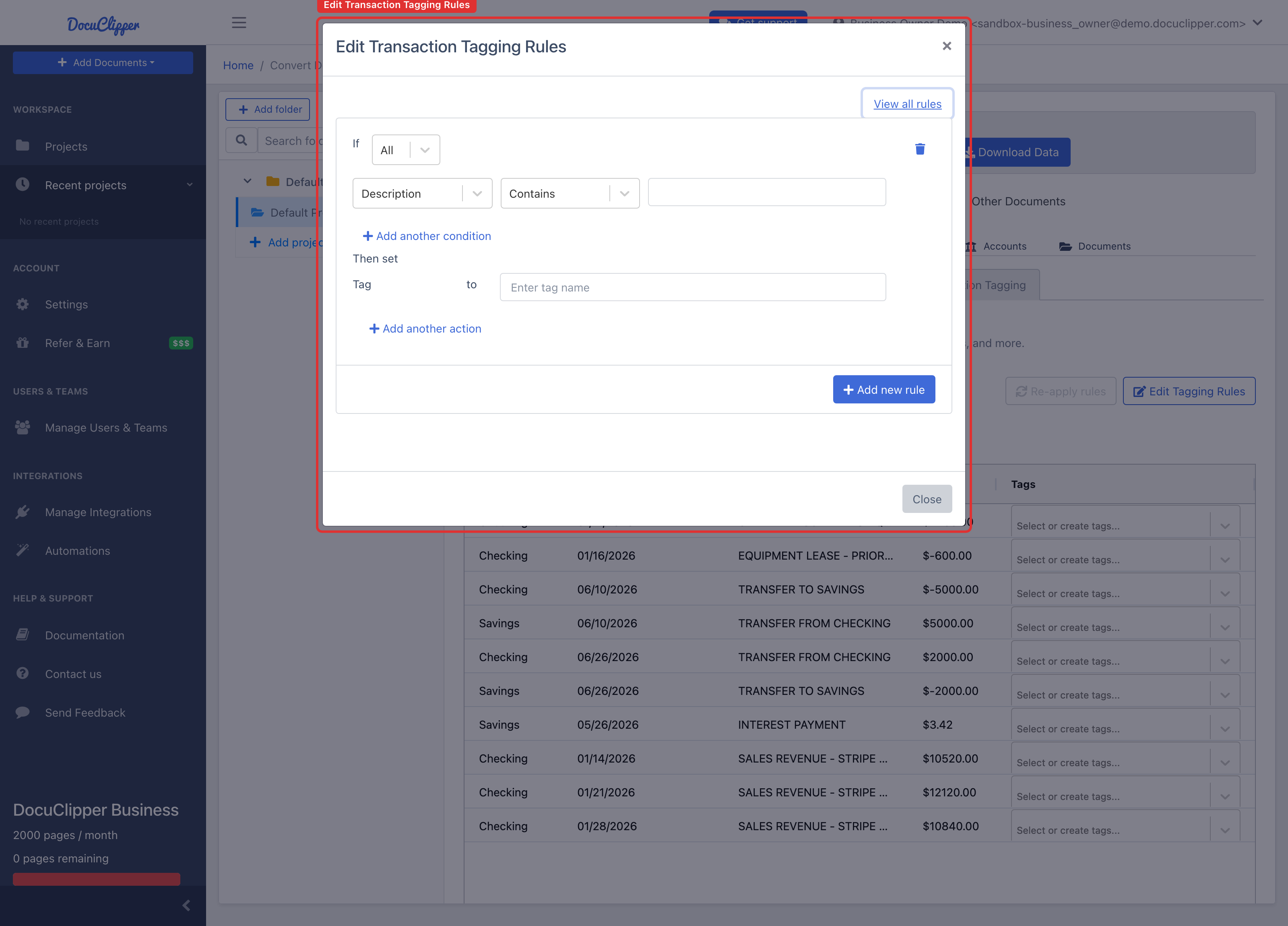 The Edit Transaction Tagging Rules modal with an If (All/Any) condition row and a Then set tag action