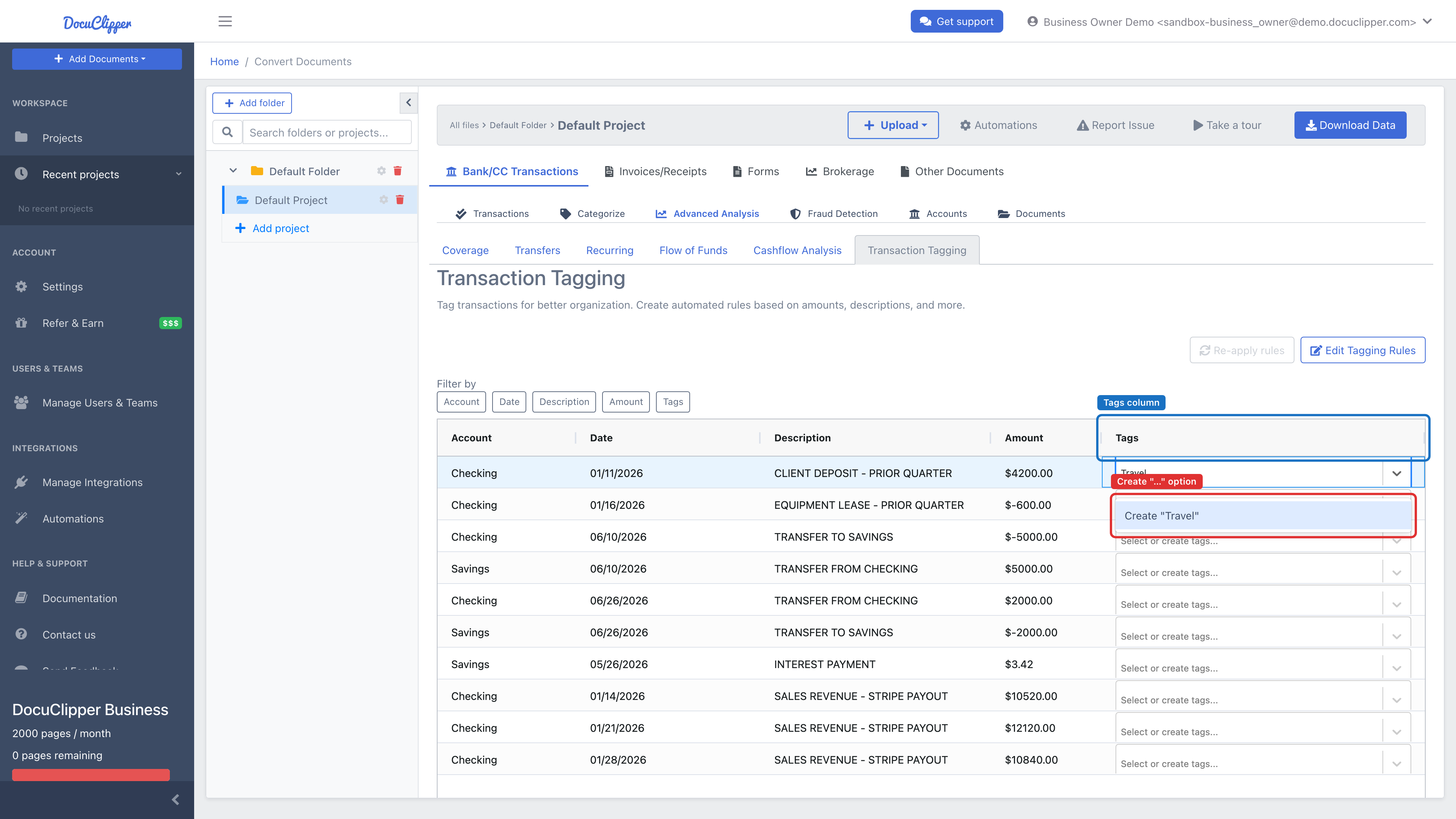The Transaction Tagging tab with a transaction row's Tags cell open — typing a name reveals the Create option (here, Create "Travel") in the dropdown