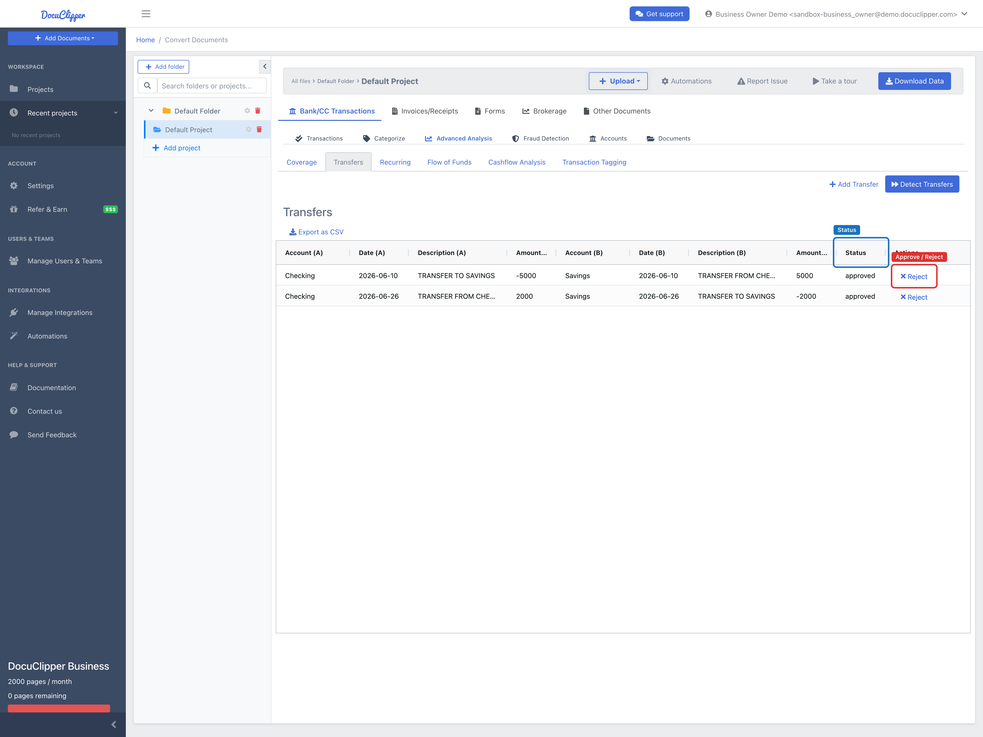 Advanced Analysis Transfers sub-tab: the results table pairing two transactions across accounts with Account/Date/Description/Amount (A) and (B) columns, a Status column, and the Approve / Reject actions