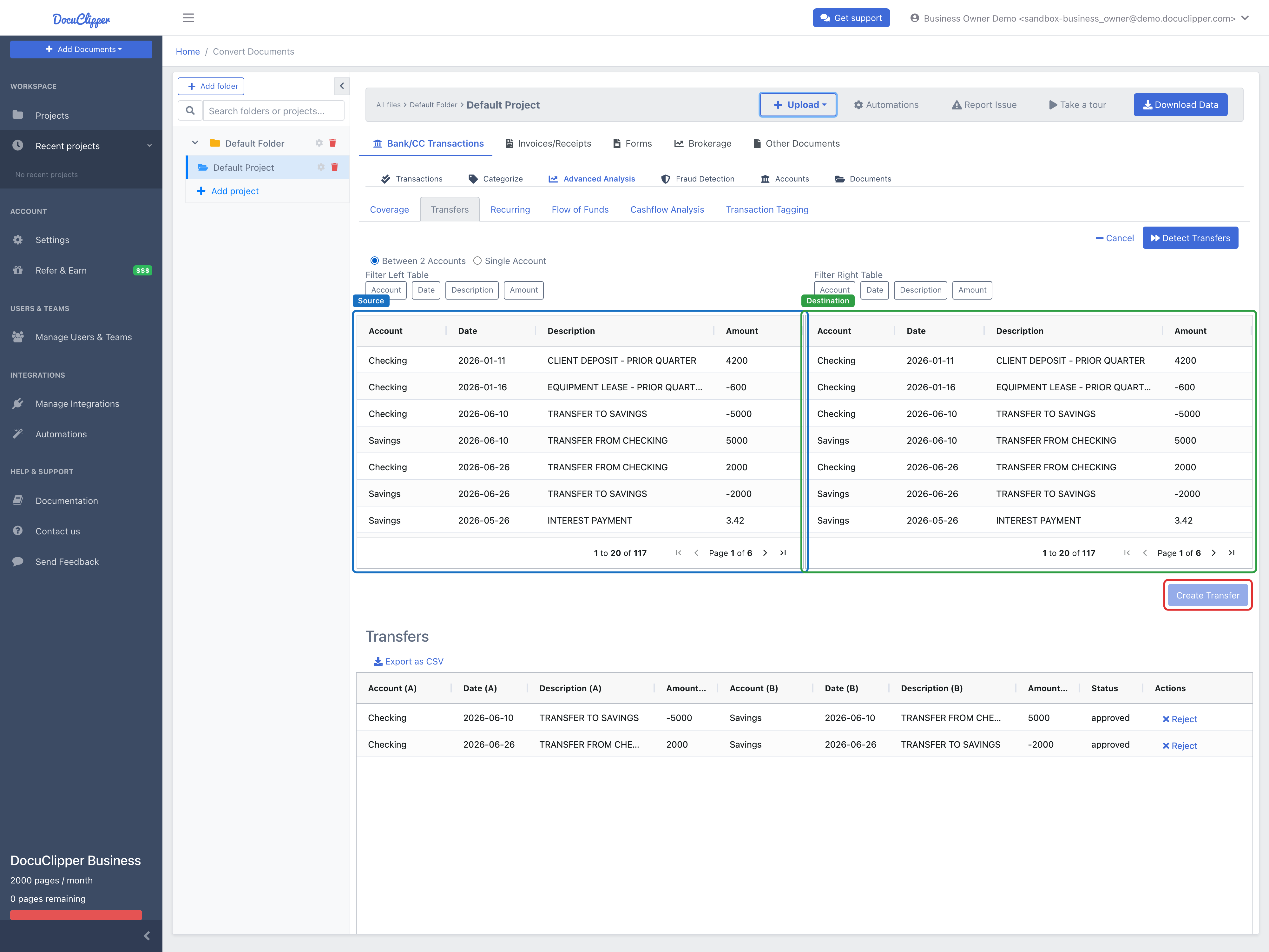 Add Transfer manual creator: with Between 2 Accounts selected, the left (source) transaction table and right (destination) transaction table sit side by side above the Create Transfer button