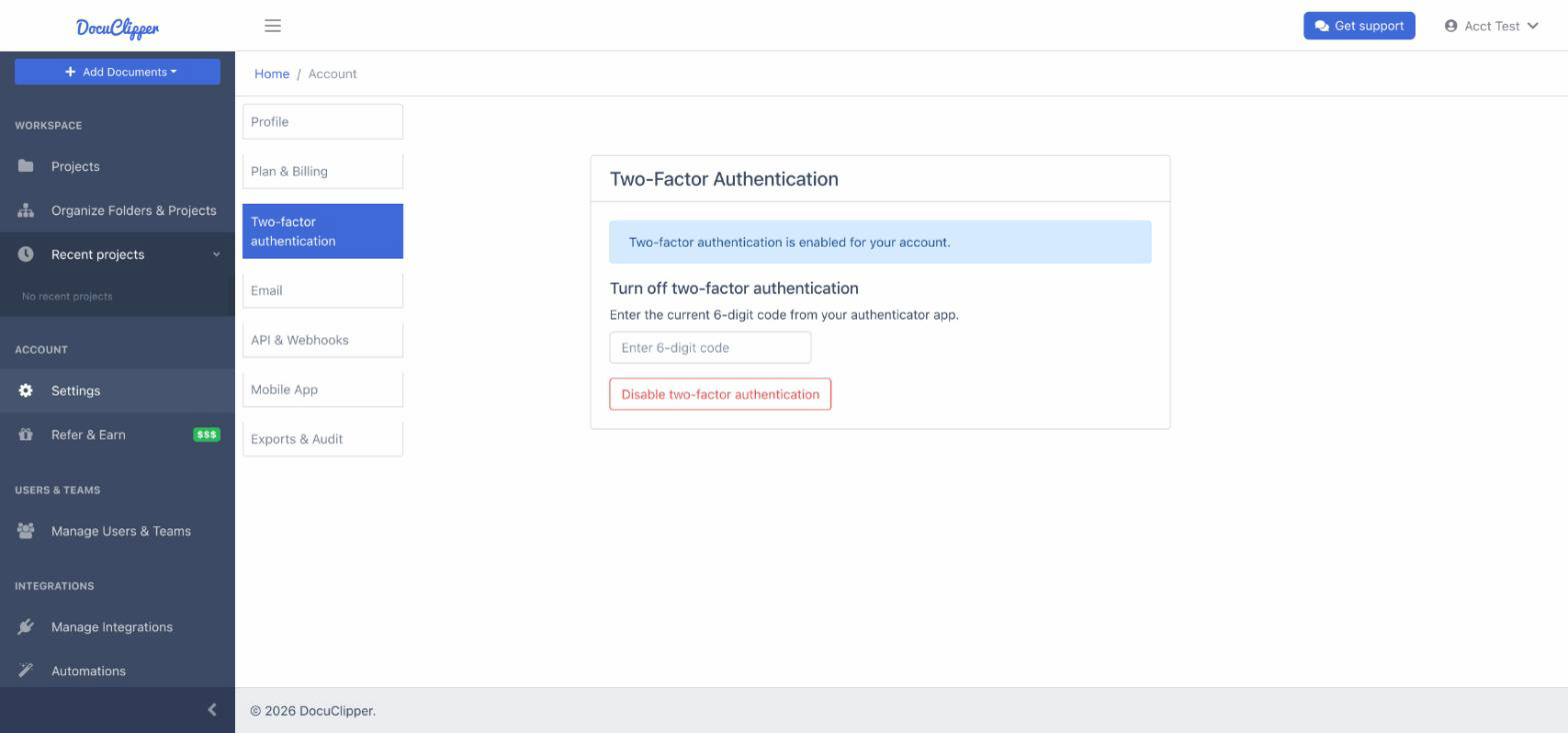 The Two-factor authentication page with 2FA enabled: a 6-digit code field under Turn off two-factor authentication and the Disable two-factor authentication button