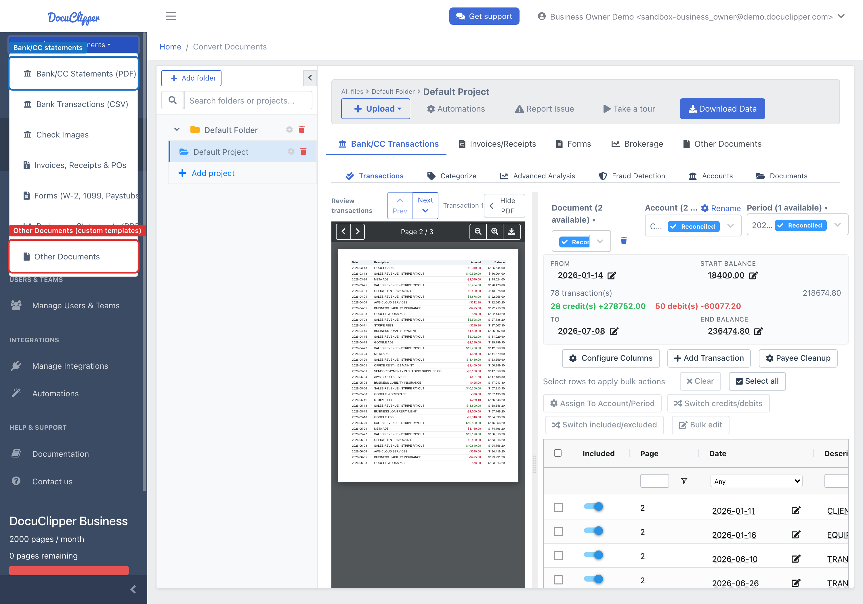 The sidebar Add Documents dropdown open, showing the upload options with Bank/CC Statements (PDF) and Other Documents highlighted.
